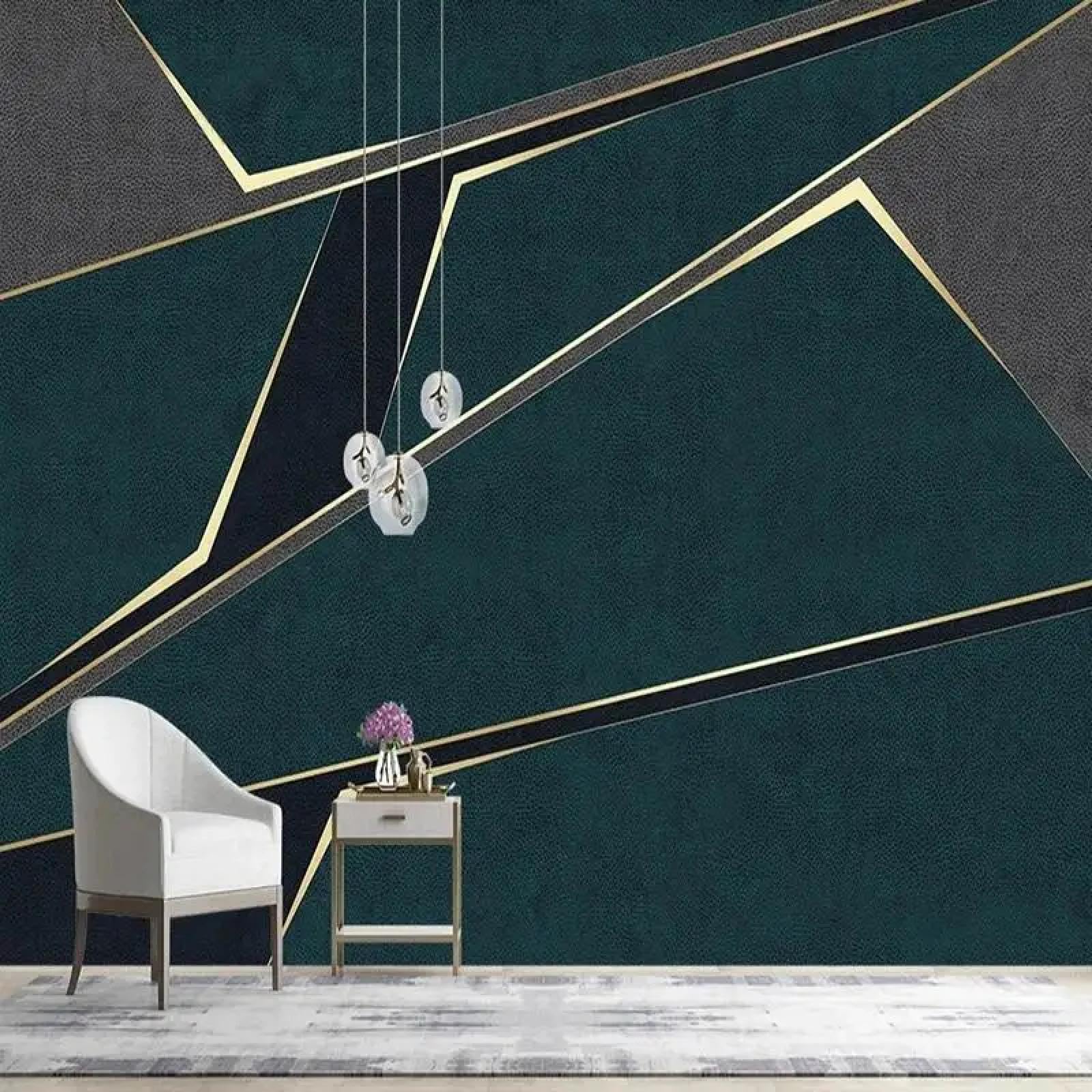 Décoration murale salon design géométrique vert et doré pour canapé