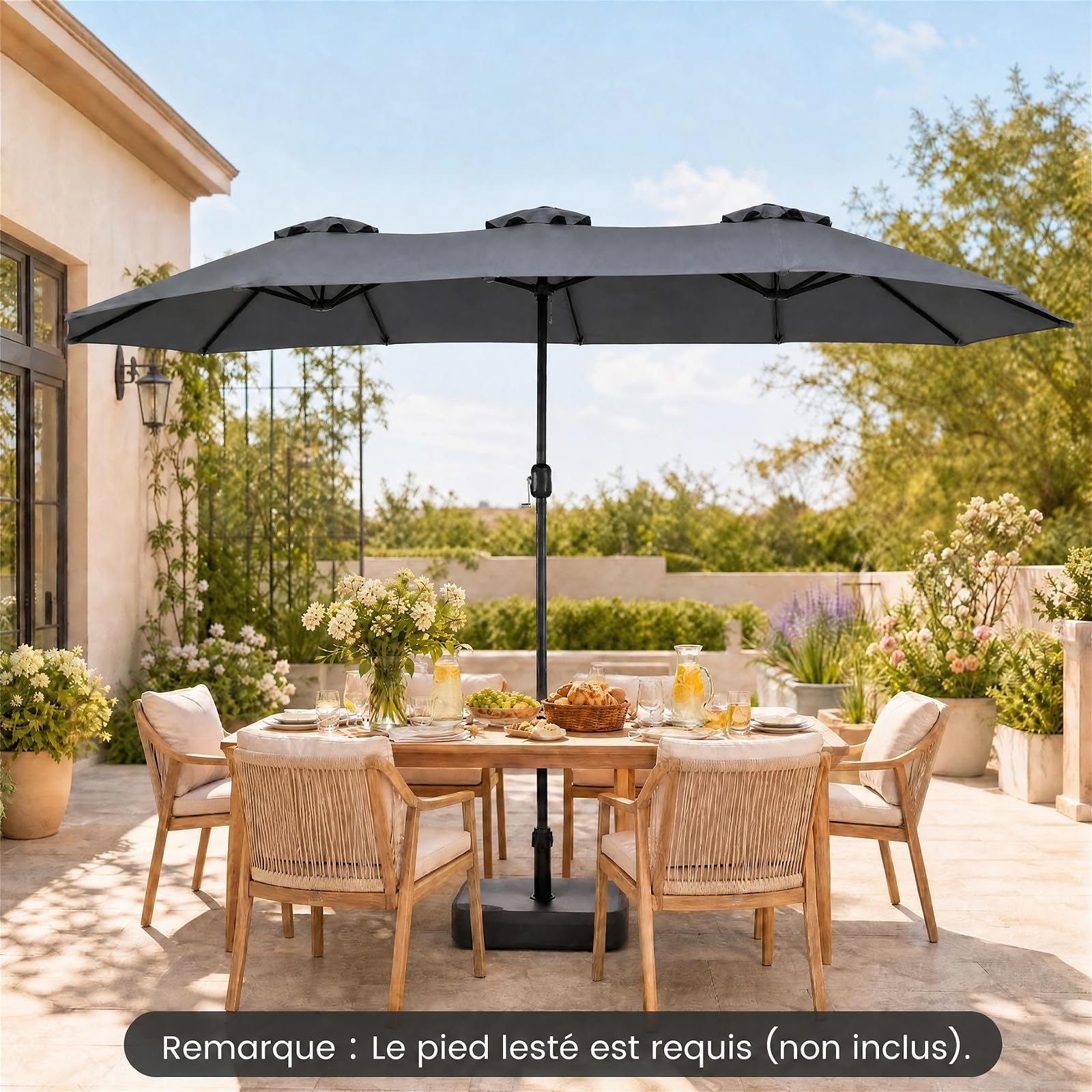 RELAX4LIFE Grand Parasol Double 4x2 M, Grand Parasol de Jardin Extérieur avec Manivelle, 12 Baleines, Toile Polyester Hydrofuge, Protection Solaire, Montage Facile pour Terrasse, Piscine (Gris)