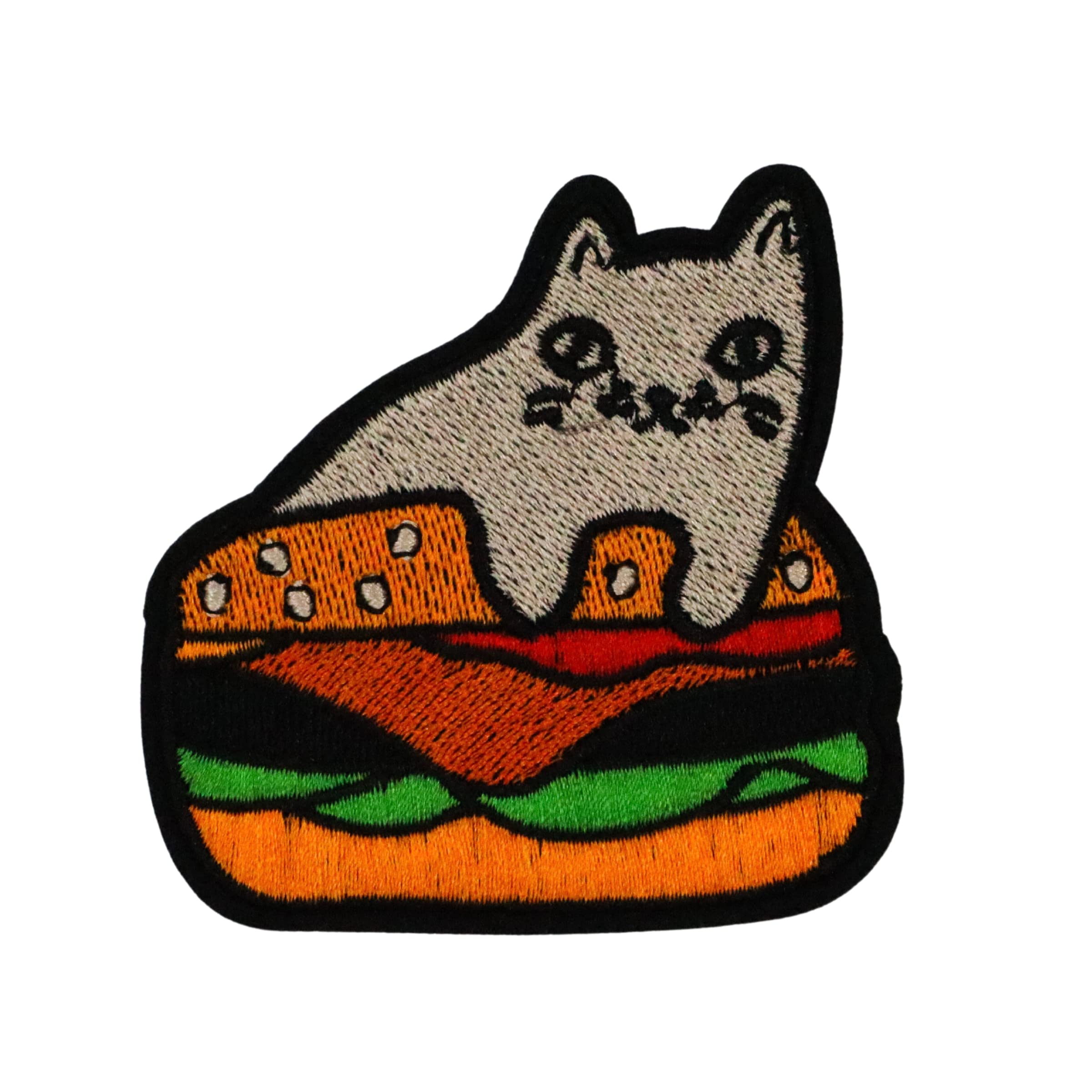 Cat on Hamburger Patch - Fashion Iron On Patch for Backpacks and Clothing | Colorful Embroidered Iron-On or Sew-On Design | Perfect for Outdoors Enthusiasts | Patch by Sat and Sun