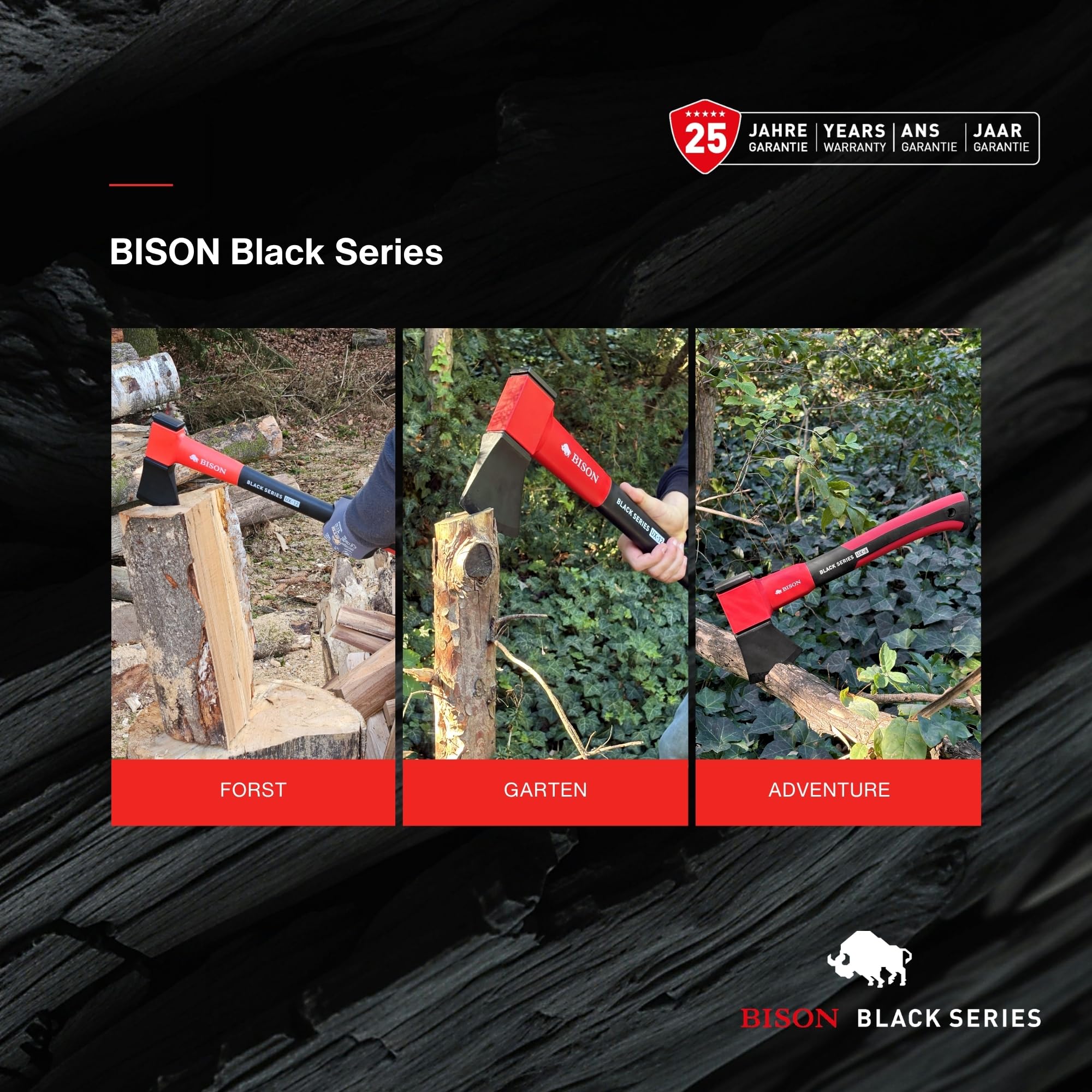 Bison Black Series UX6 Universalbeil – Kompaktes Beil mit Glasfaserstiel, kraftvoll & vielseitig, Forst-, Garten- & Campingbeil, ideal für Anmachholz & Brennholz