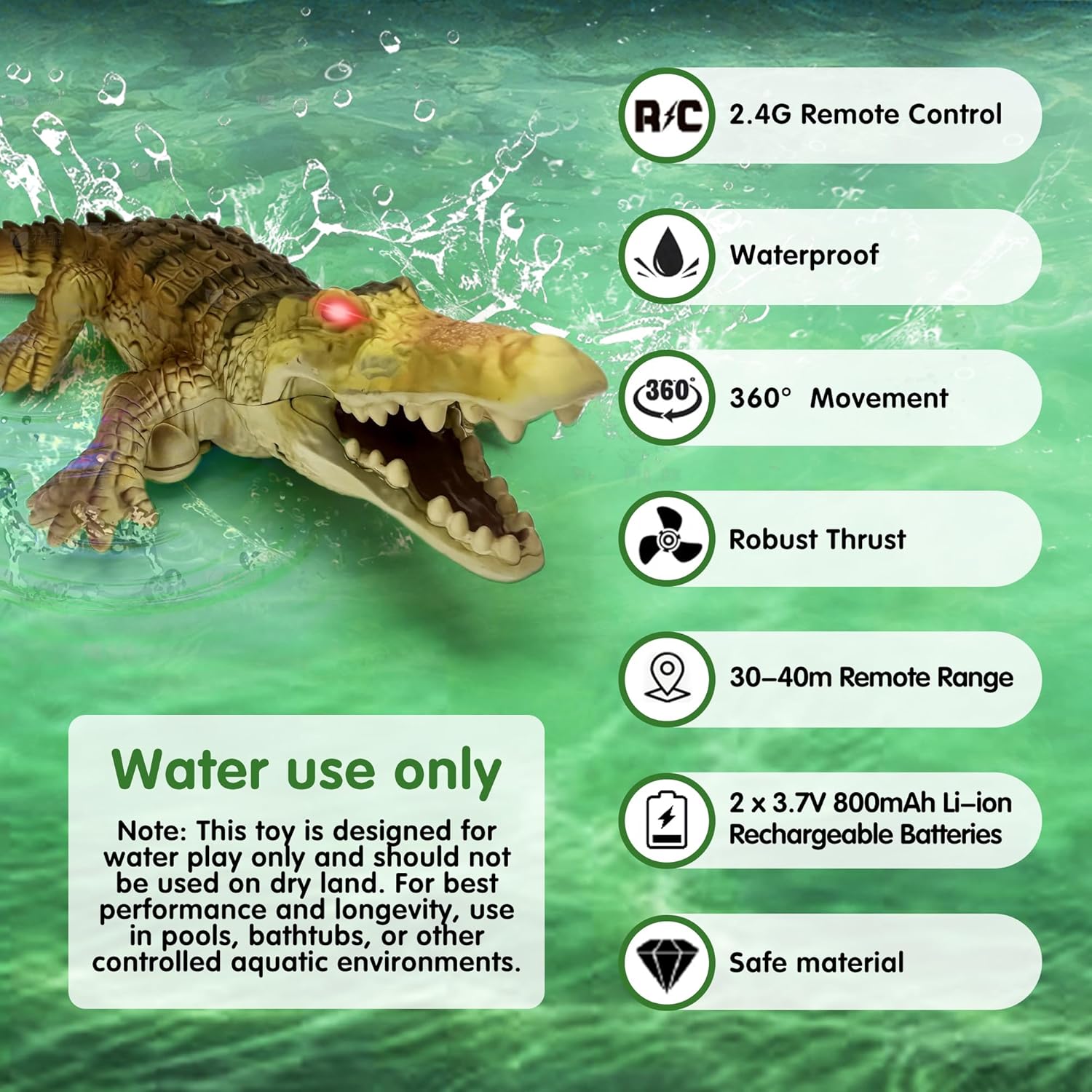 Remote Control Boat Crocodile Water Toy for Kids 3-5, 5-7, 10-12, RC Alligator for Boys 4-6, 6-8, Top Summer Swimming Pool/Lake Toys for Kids Ages 8-12 (Water Operation ONLY - Green)