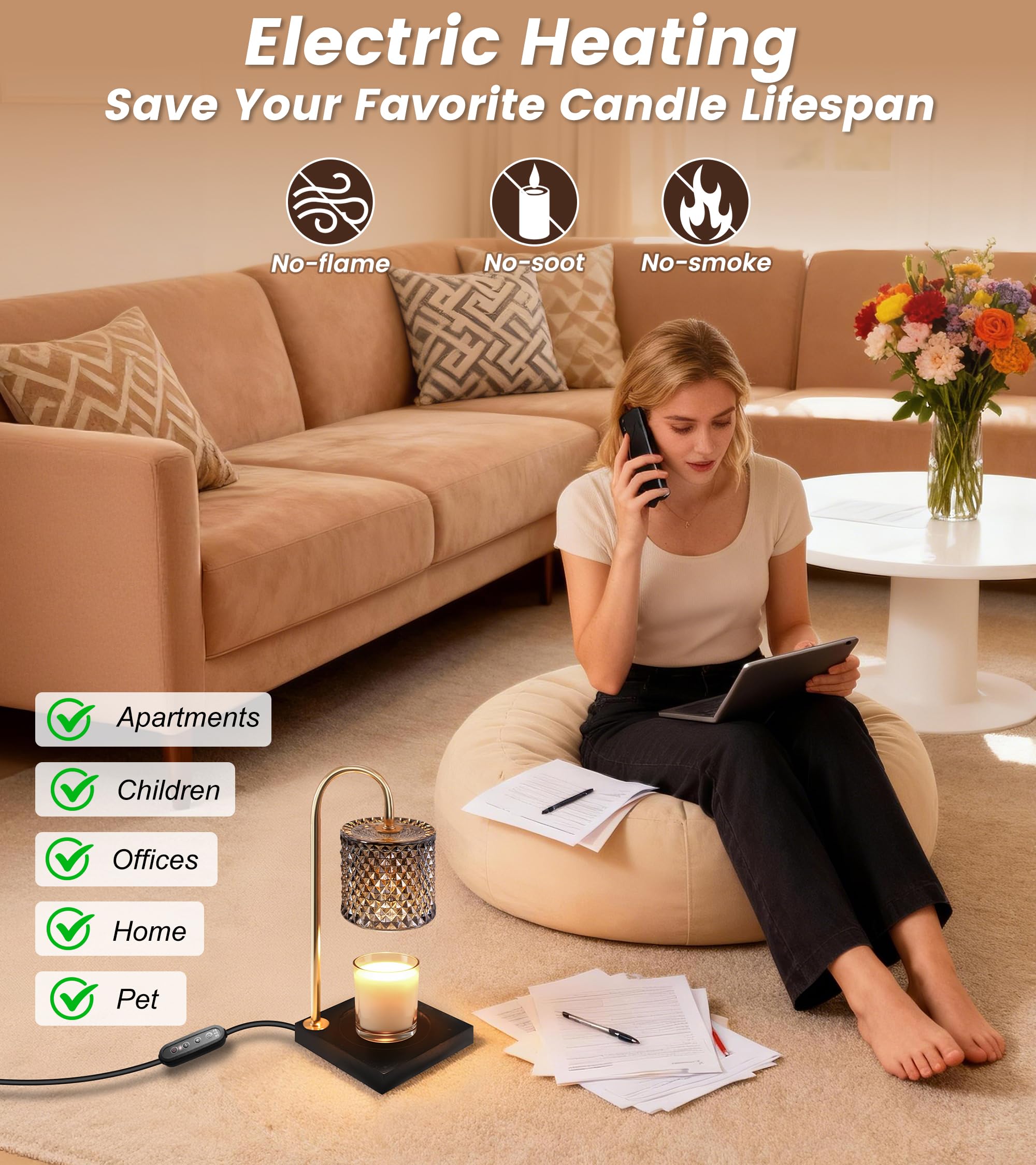 Lampe Chauffe-Bougie avec Minuteur et Régulateur, Lampe Chauffe-Bougie à Hauteur Réglable pour Cadeaux d'Anniversaire de Maman, Chauffe-Bougie Électrique pour Cires Parfumées en Pot Décoration de la
