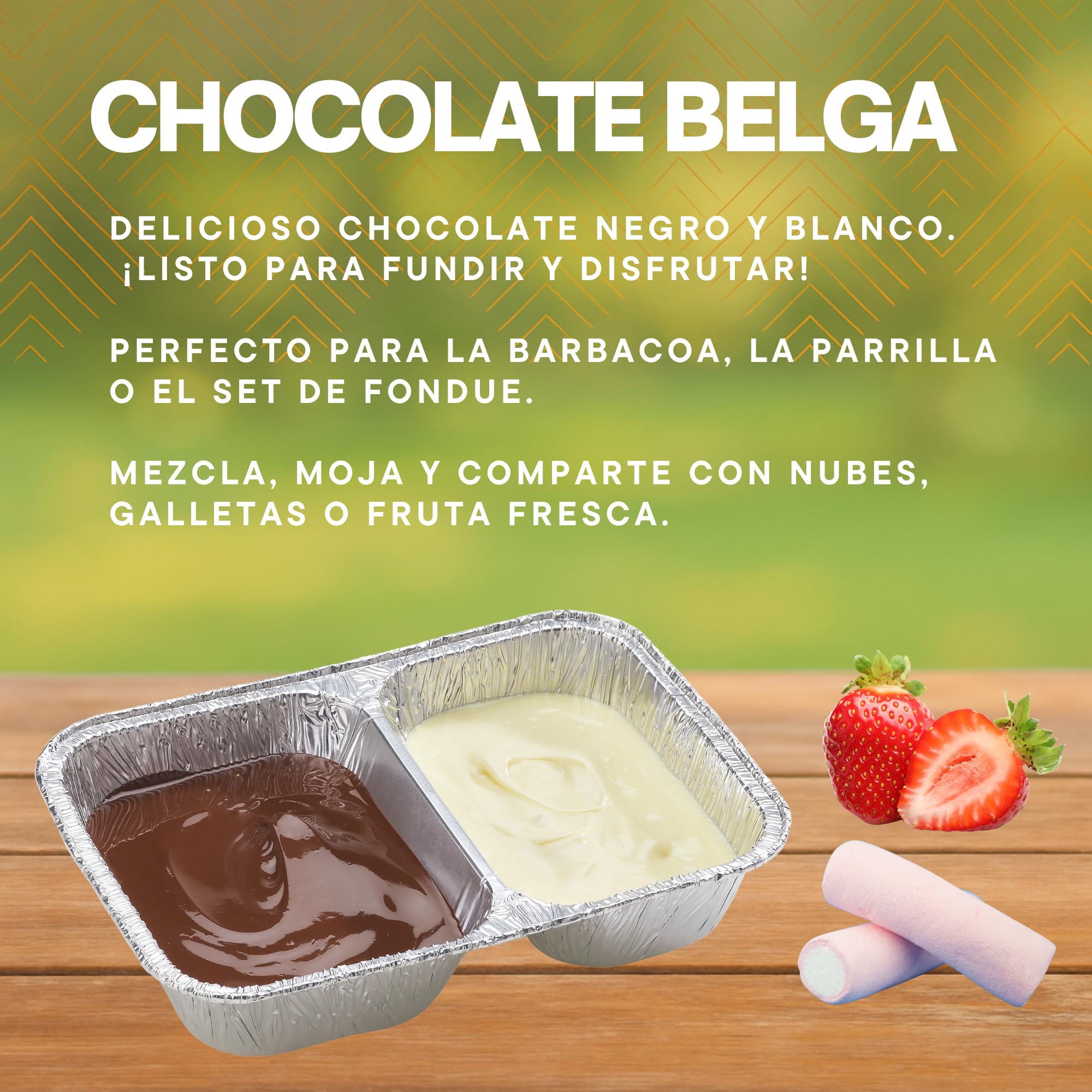 Kit Chocolate Belga para Fundir BBQ & Fondue (200g Negro + Blanco) + 2 Bolsas Marshmallow + 100 Pinchos Bambú, Chocolate para Barbacoa, Parrilla y Postres
