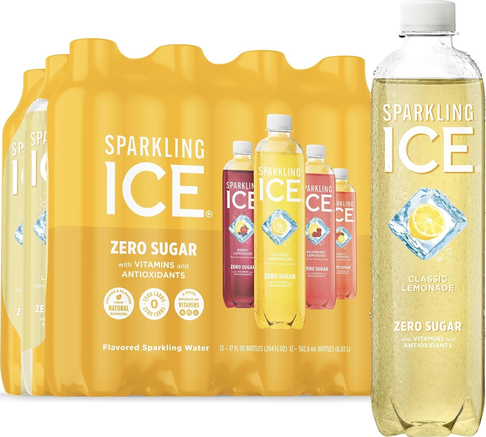 Sparkling Ice Lemonade Variety Pack, Flavored Sparkling Water, Zero Sugar, with Vitamins and Antioxidants, 17 fl oz, 12 count (Berry Lemonade, Raspberry Lemonade, Peach Lemonade, Classic Lemonade)