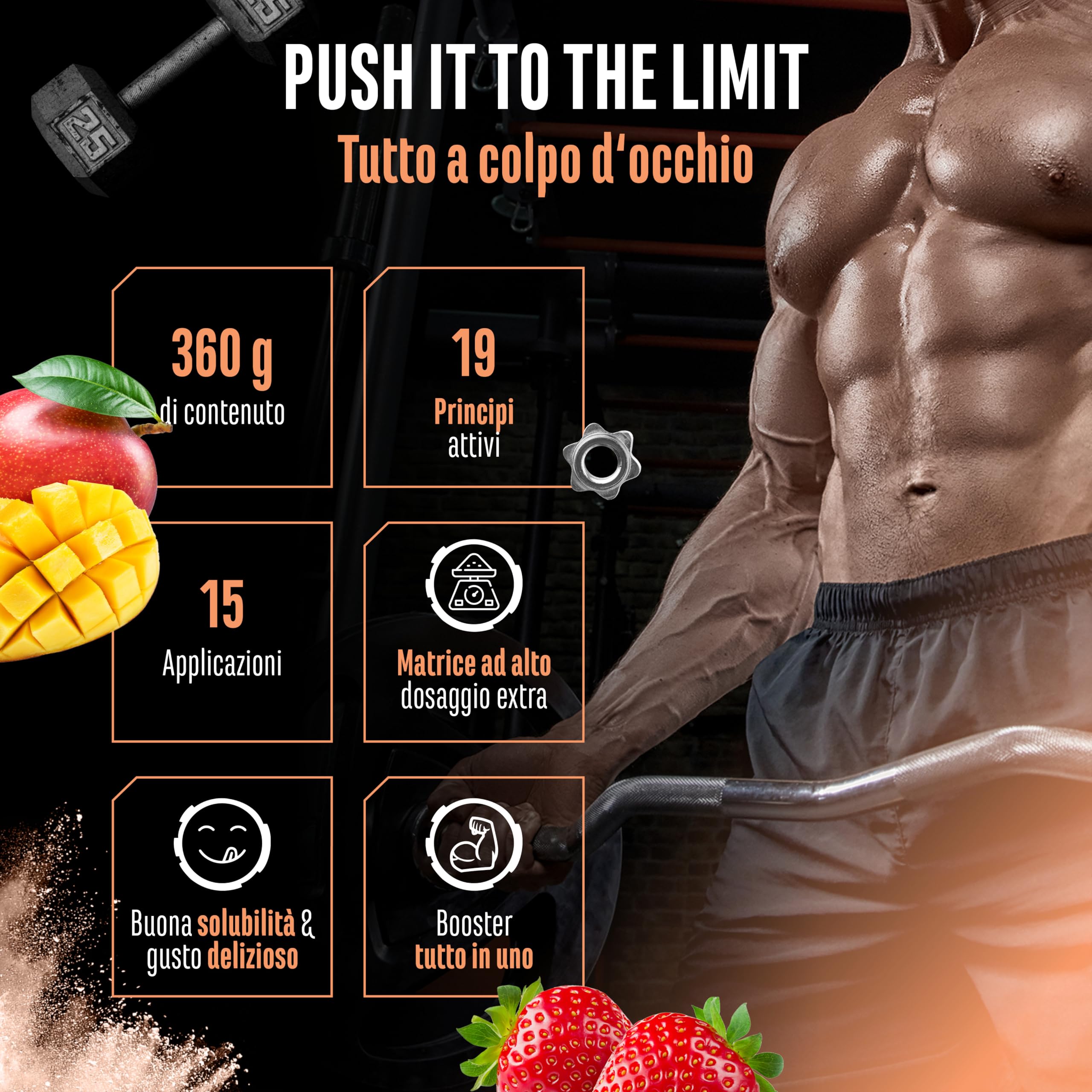 Push it to the Limit - Pre-Allenamento con L-Arginina + Citrullina + L-Tirosina + L-Teanina + L-Carnitina + AAKG + Taurina + Radice di Rosa Rhodiola + Caffeina - Dose elevata - 360 g - Mango Fragola