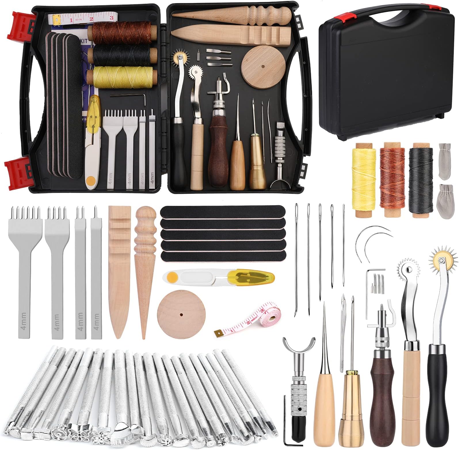 50 Pieces Leather Tools Kit, Leather Tools and Supplies, Leather Working Kits Supplies with Leather Tool Box Prong Punch Edge Beveler Wax Threads Needles Perfect for Stitching Punching Cutting Sewing