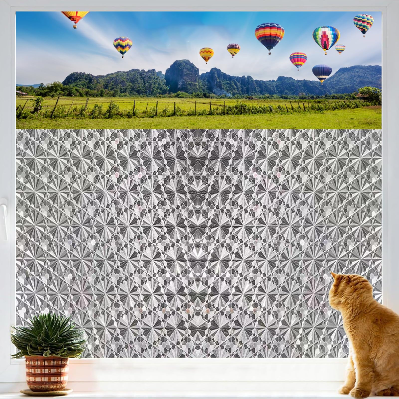 Fensterfolie Verdunkelungsfolie 100 x 250 cm Statisch Haftend Anti-Uv Kein Kleber Wiederverwendbar Sonnenschutz Fensterfolie für Innen für Fenster Innen & Außen, Kristallgitter