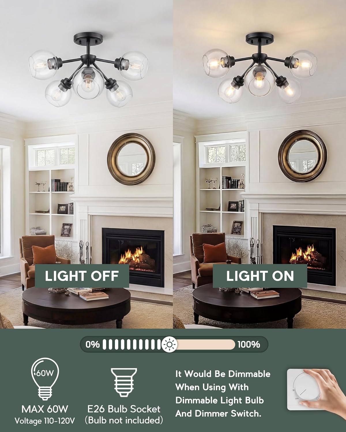 6-Light Semi Flush Mount Ceiling Light, 22" Modern Light Fixtures Ceiling Mount with Globe Clear Glass Shade, Matte Black Light Fixtures for Kitchen Entryway Bedroom, SM195-MB-6