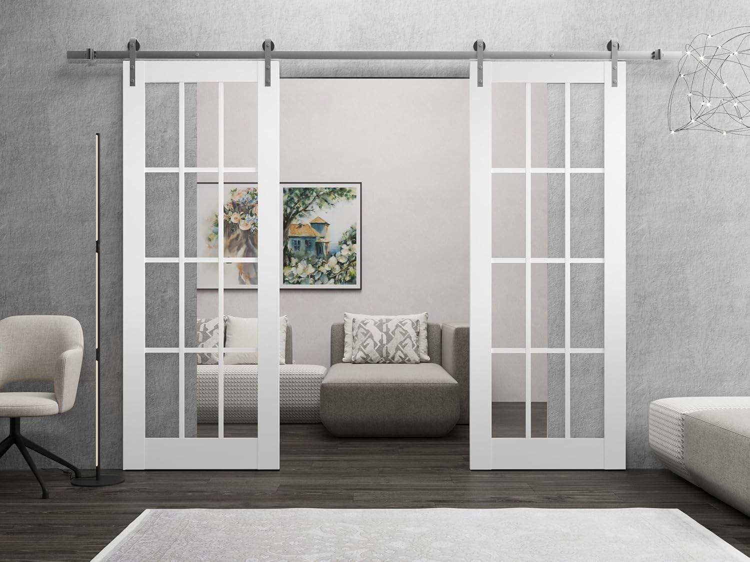 Sturdy Double Barn Door 84 x 96 inches with Clear Glass 12 Lites | Felicia 3355 Matte White | Stainless Steel 14FT Rail Hangers Heavy Set | Solid Panel Interior Doors