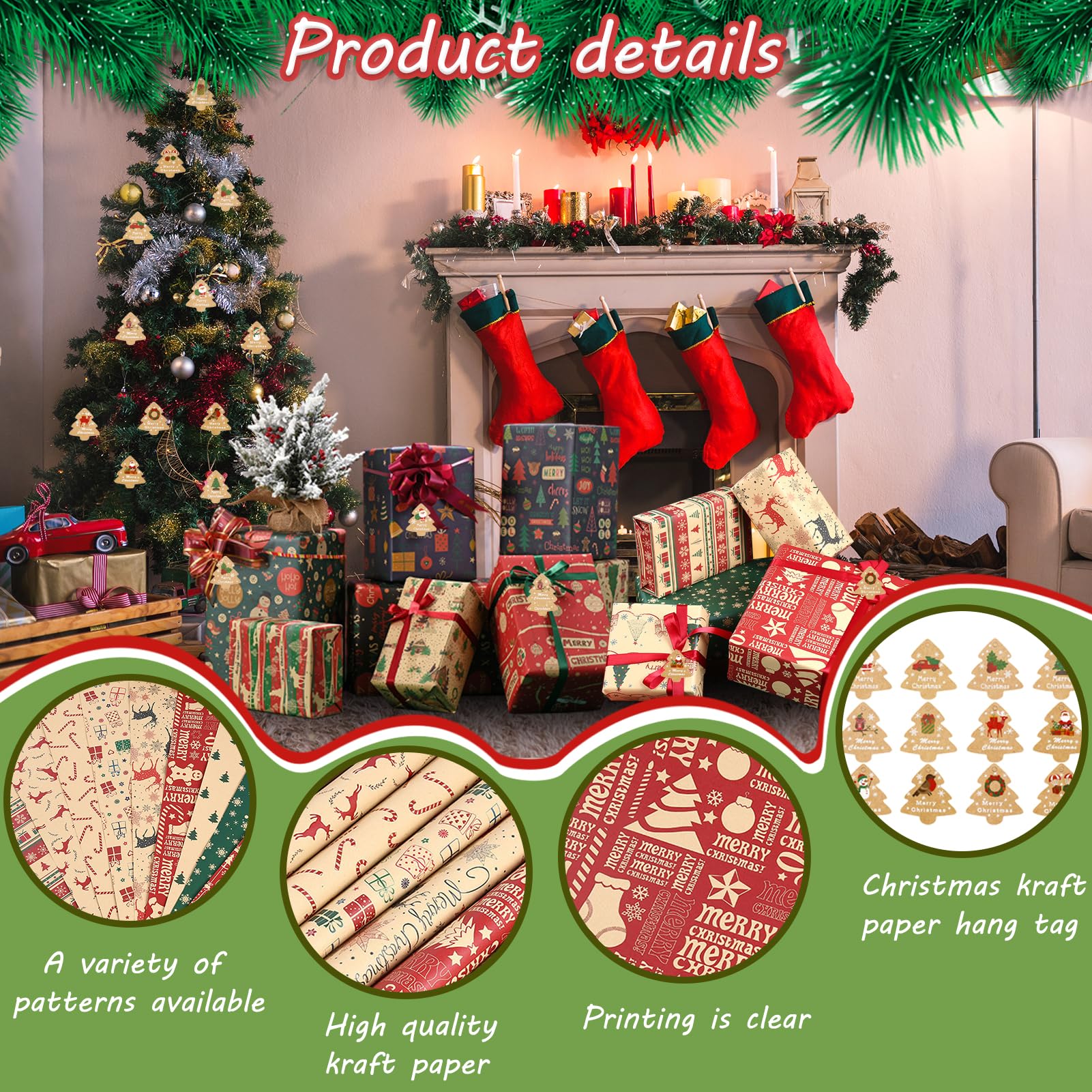 COVACURE Papel De Regalo De Navidad, 12 Unidades, 6 Patrones