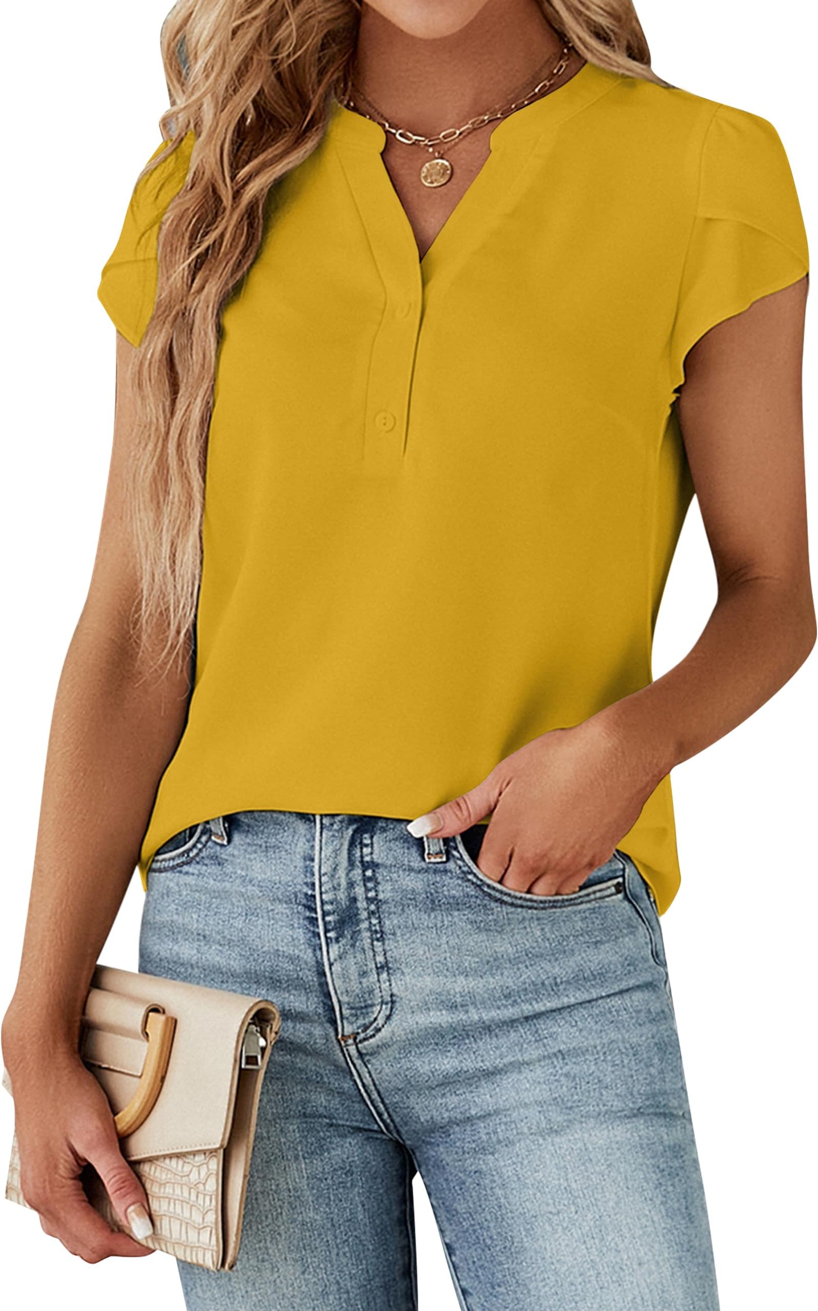 Women's Dressy Casual Tops Business Work Blouses White Button Down Shirts Cap Sleeve V Neck Tshirt
