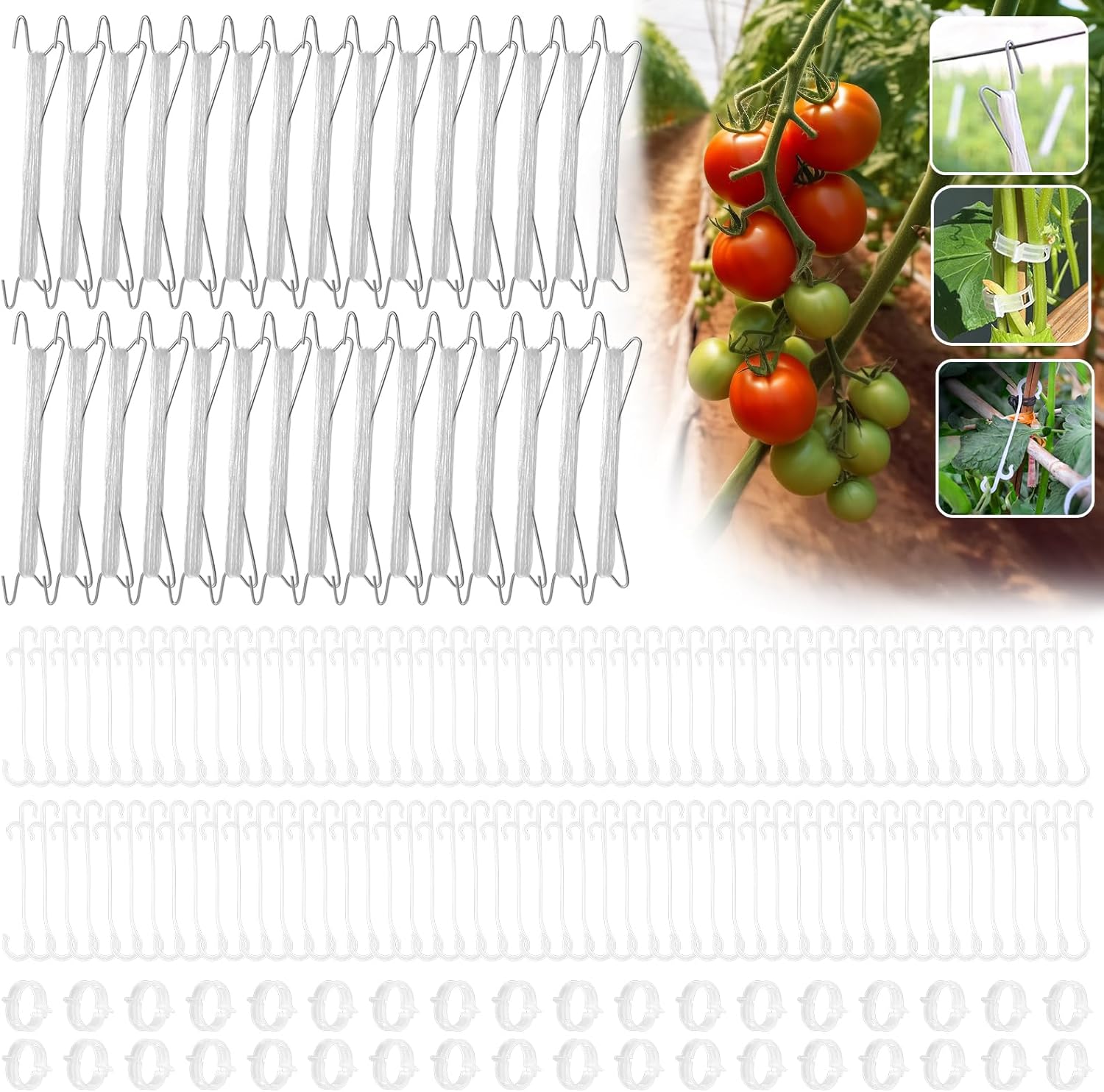 30pcs Tomato Support Hooks with 60pcs Tomato Clips, J Hooks to Prevent Tomatoes from Pinching or Falling Off, Garden Hooks with 33.3ft Twine, Plant Climbing Hooks for Tomatoes Cucumber