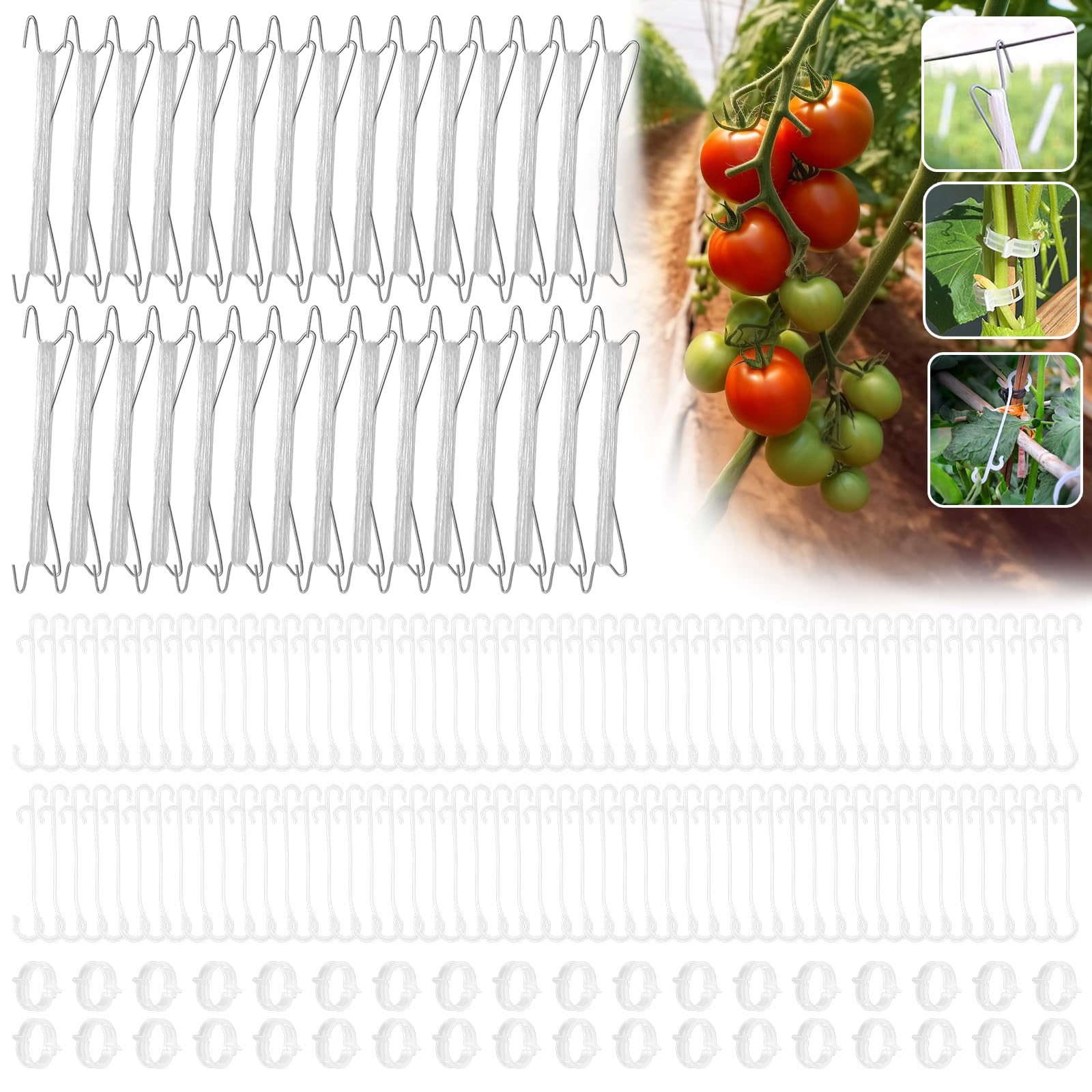 Tomatenhaken mit Schnur, 30 Stück Tomatenpflanzen-Stützclips, Tomatenhalter-Haken mit 10 m Schnur für Kletterpflanzen, Tomaten, Gurken, Kirschen, Gemüse (30, Weiß)