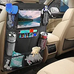 Organizador de carro no banco traseiro com protetor de tapete e suporte de tablet para tela sensível ao toque, armazenamento de assento de carro para crianças, acessórios de viagem com 9 bolsos