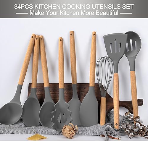 Miniatura 9 de Juego de utensilios de cocina de silicona 43 piezas antiadherentes resistentes al calor juego de espátulas con mango de madera para hornear cocinar