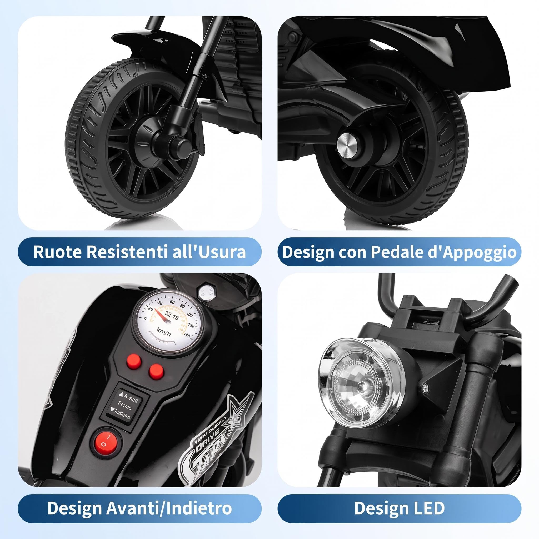 Garvee Moto Elettrica Per Bambini 6 V 4,50 Ah Con Ruote Stabilizzatrici Nero
