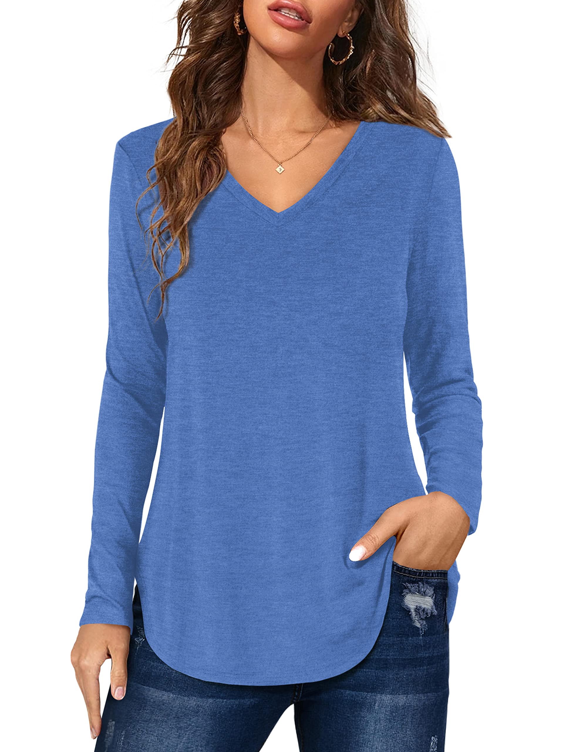 Florboom Tunika Damen Langarm/Kurzarm V Ausschnitt Oberteil Shirts Basic Casual Longshirt