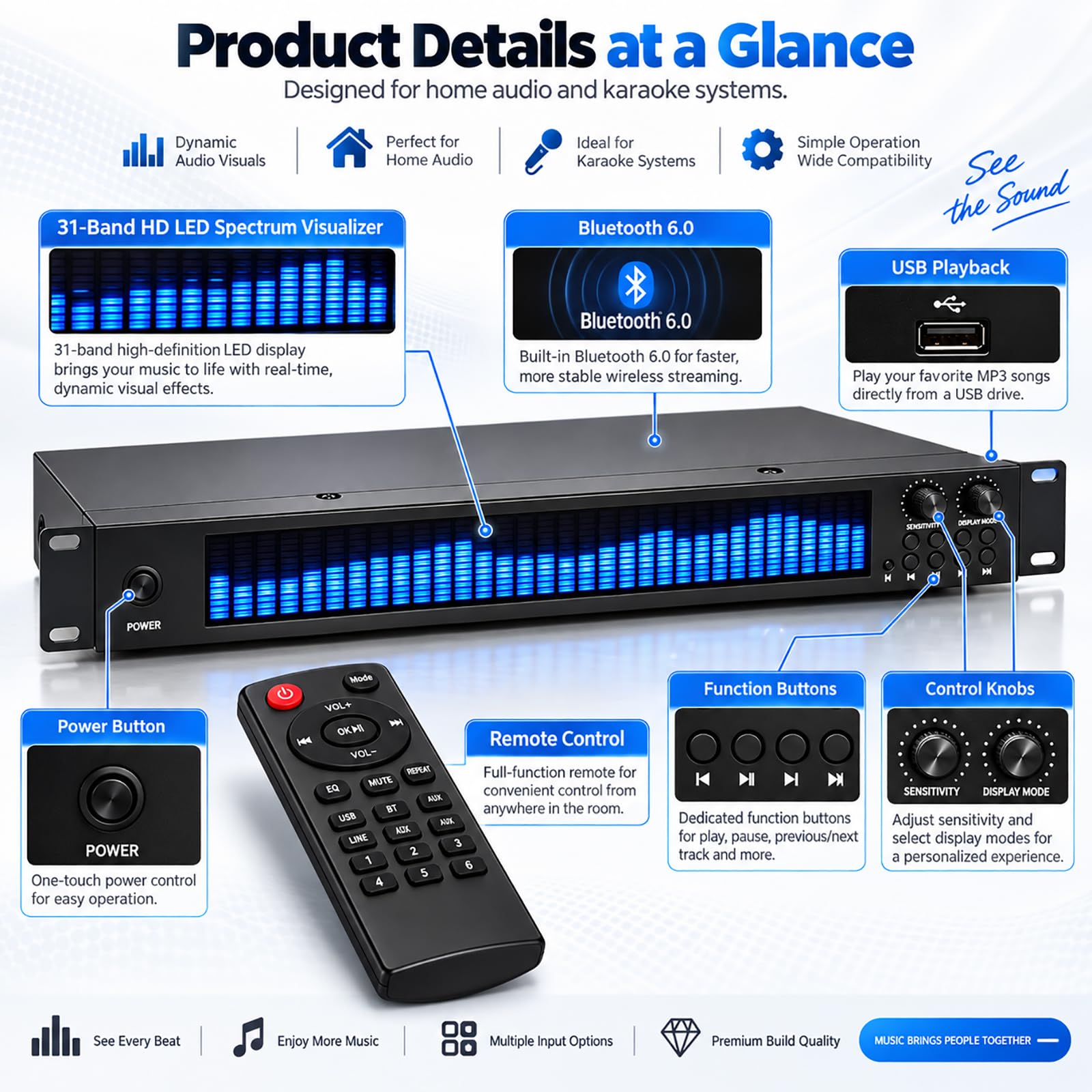 31-pasmowy korektor dźwięku z wyświetlaczem widma, 1u montowany w stelażu procesor dźwięku z Bluetooth 6.0, odtwarzanie USB, 5 trybów korekcji, do domowego dźwięku.