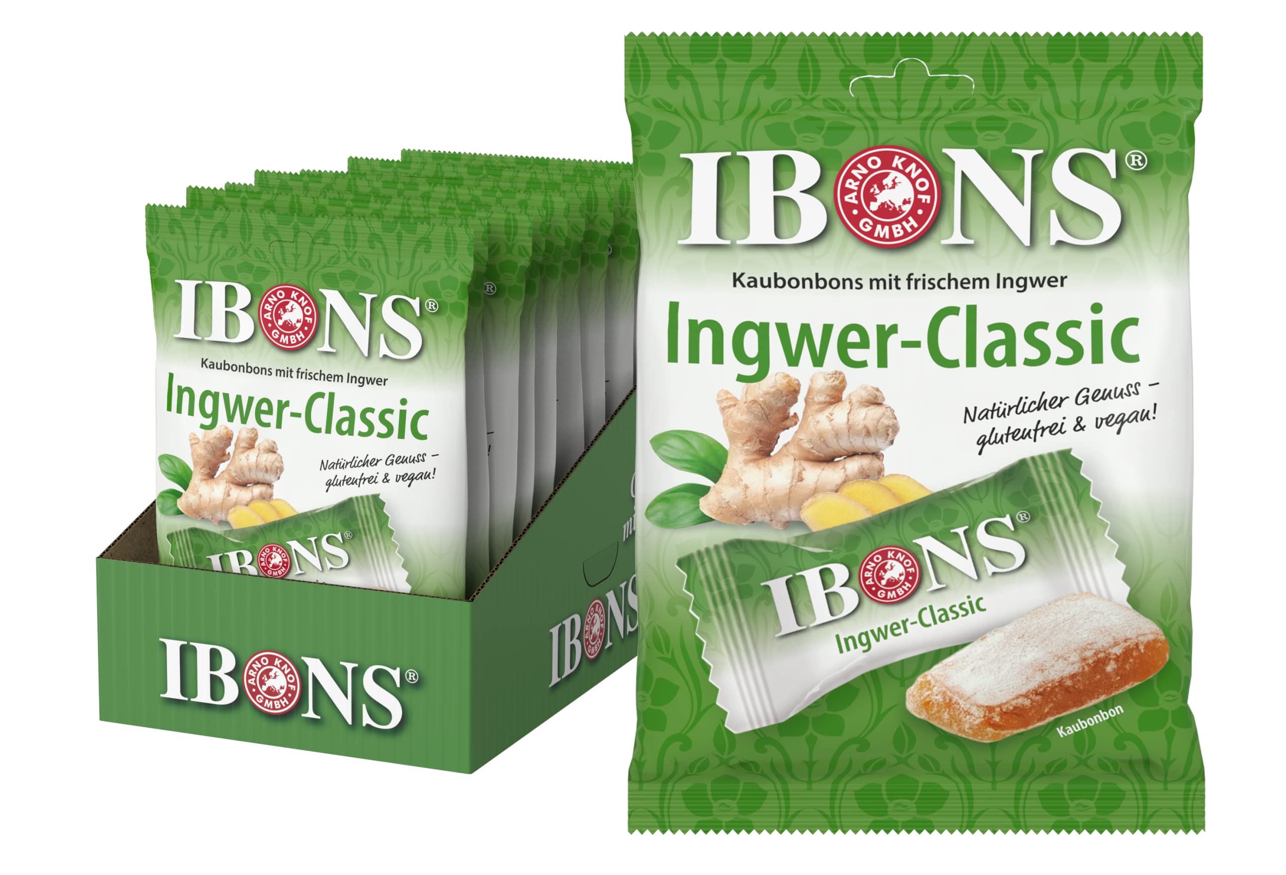 IBONS Ingwer Bonbons Classic – Weiche Ingwer Kaubonbons mit echtem frischem Ingwer – Süß & leicht scharf – Vegan & Glutenfrei & Halal & Lactosefrei – 10 x 92 g Tüten