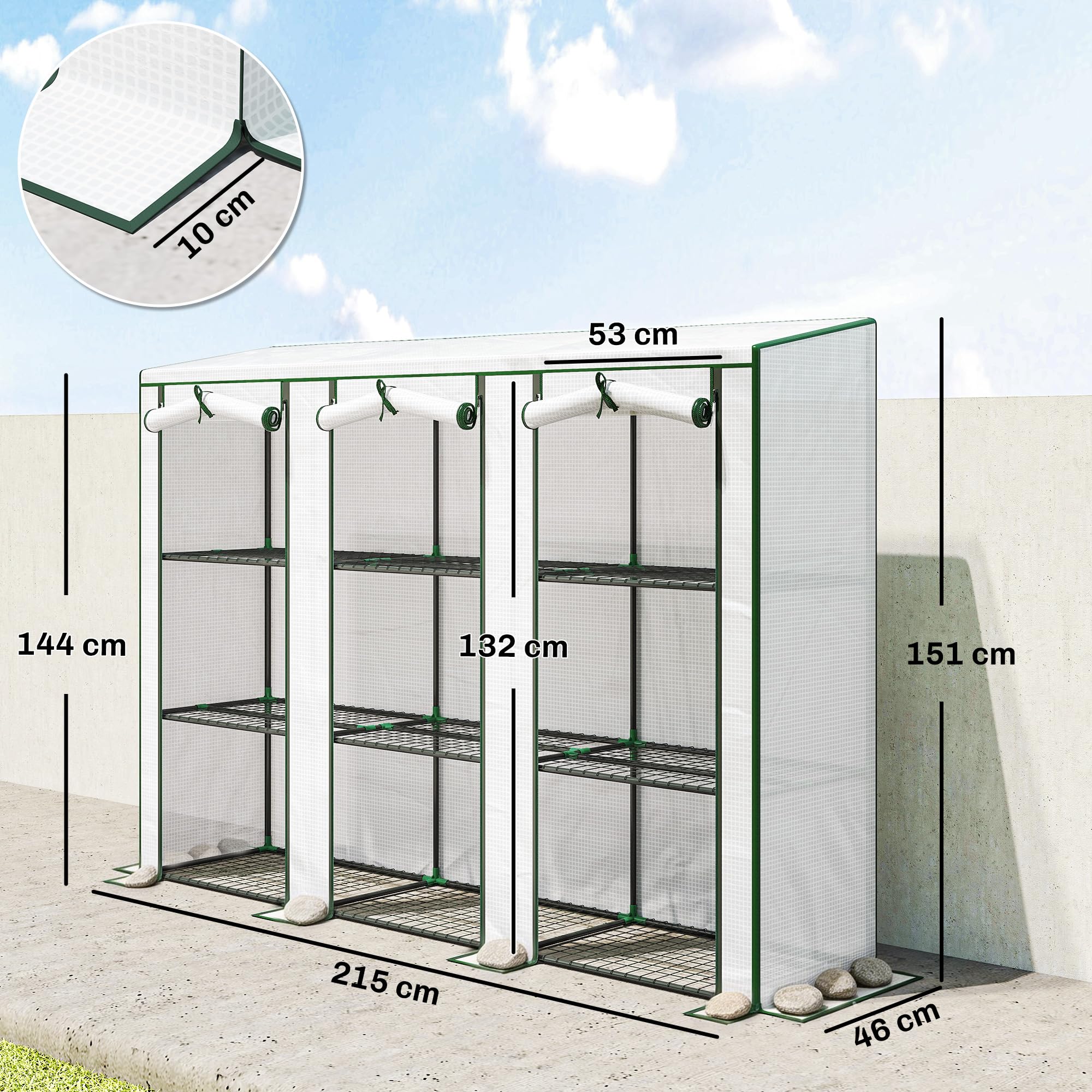 Outsunny Serre de Jardin PE avec étagères 3 Niveaux, Serre de Balcon, bâche renforcée 140 g/m², châssis en Acier, 2 Portes zippées enroulables pour légumes Plantes Fleurs 215x46x151cm Blanc