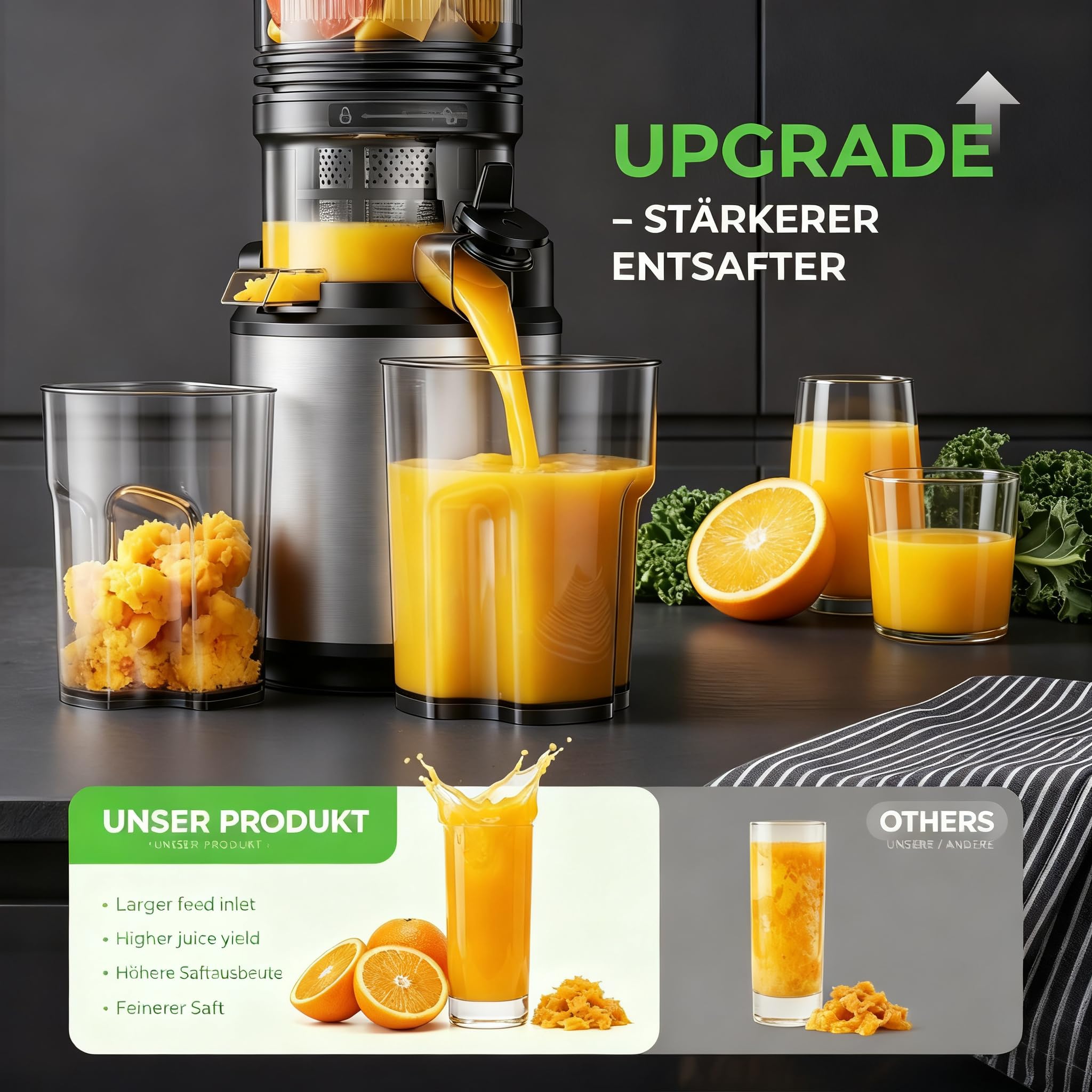 Entsafter Saftpresse mit 130mm Breiter Einfüllschacht 250W Kaltpress Entsafter für Ganze Früchte & Gemüse 2L Slow Juicer mit 2 Gläsern Leicht zu Reinigender BPA-frei Hohe Saftausbeute Entsafter