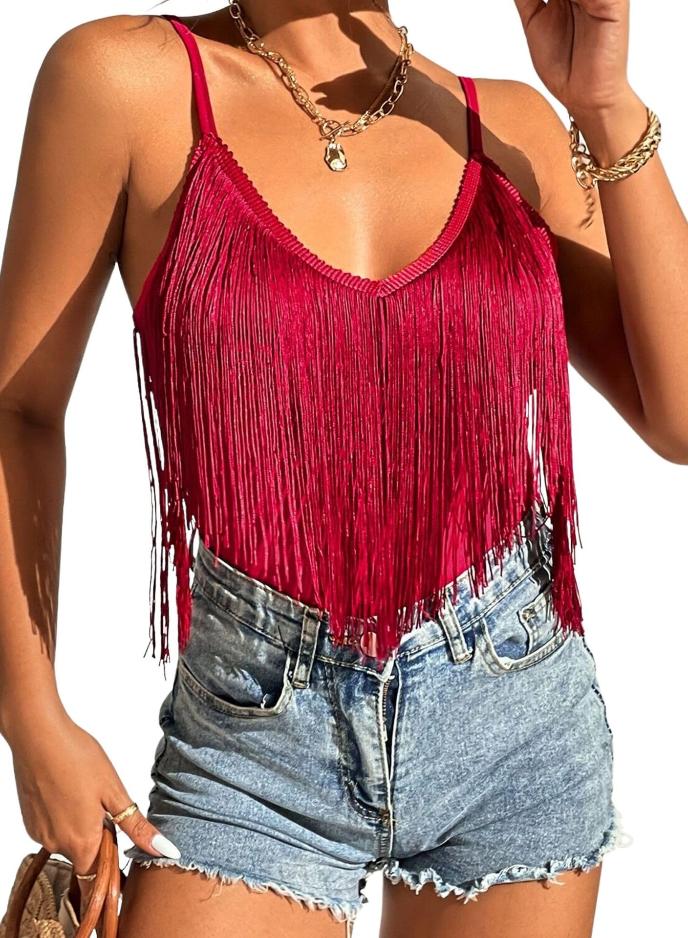 Débardeur Franges Femme - Vêtement Été Rave Sexy Bretelles Spaghetti V Chemisier Haut Chemises Hawaienne Chic Et Élégant Blouse Top Gilet sans Manche Mode Solide Caraco Vêtements