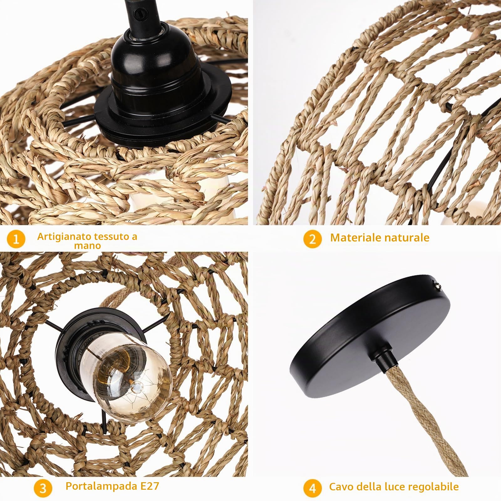 Lampada a Sospensione Industriale Vintage Paralume in rattan Lampadario rustico Illuminazione Interna E27 Lampada da soffitto per Soggiorno Camera da letto Sala da pranzo, Ø30cm