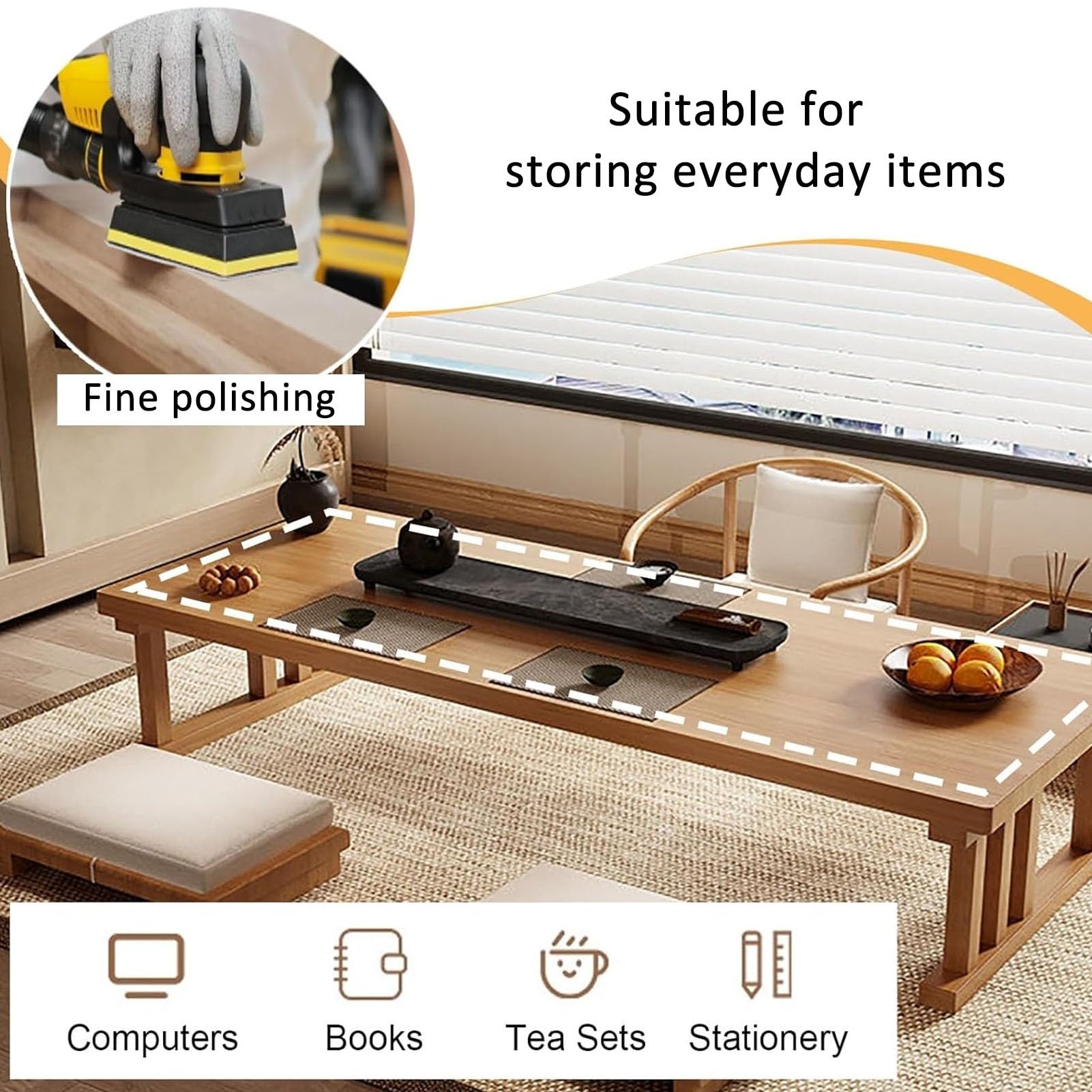 Mesa de Centro Japonesa Rectangular de Tatami de Madera, Mesa Baja con Amplia Superficie de Trabajo, Mesas de Té y Comedor para El Salón, Ventanal(Natural,42x24in/120x60cm)