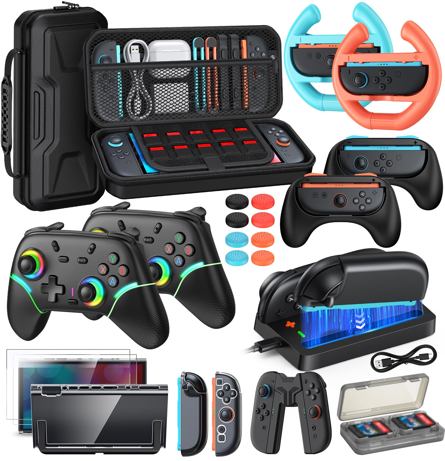 Switch 2 Accessories Bundle, All in One Carrying Case with Charger Dock | Pro Controller Charger, Screen Protector,Grips for Joy Con,Steering Wheels for Mario Kart, Clear Protective Cover