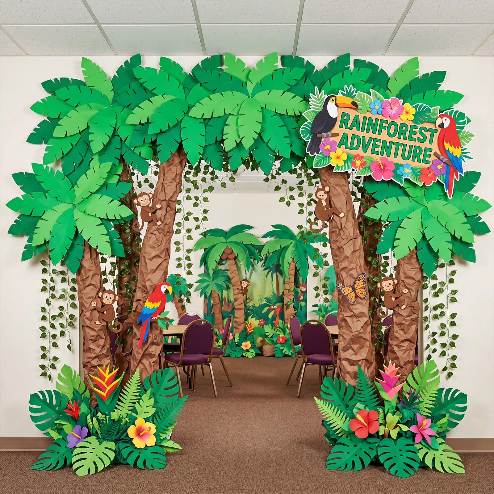 Photo 1 of **MISSING PARTS***MotiMind 33 Pcs Jungle Theme Party Decorations 2026 Vbs Jointed Palm Trees Rainforest 3D Coconut DIY Decor Kit with Green Wisteria Leaves Felt Leaves Brown Kraft Paper for Tropical Hawaiian Summer