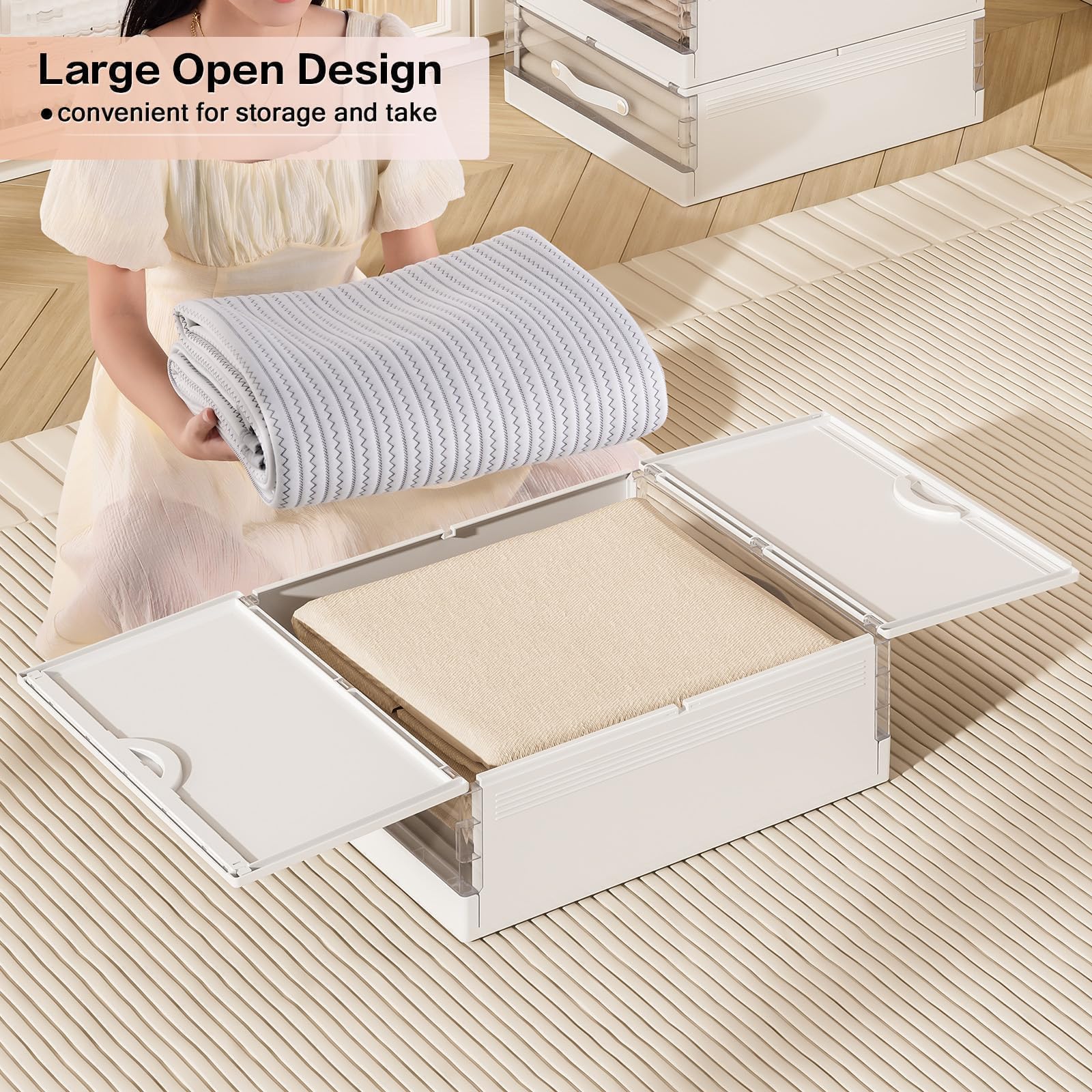 GUDEMAY Unterbett Aufbewahrungsbox, Kleiderschrank Kunststoff Aufbewahrung Bettwäsche Organizer Faltbar mit Griff, Unterbettkommode Ideal für Bettlaken, Decken, Bettbezüge, Kleidung - 4er-Set Weiß