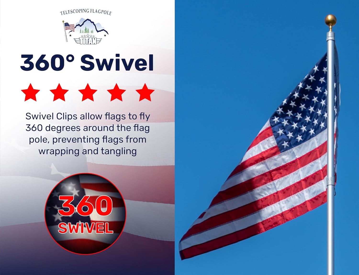 Titan Telescoping Flag Poles, 25ft Silver - American Made Heavy Duty Flag Pole Kit, Anodized Aluminum Telescoping Flag Pole, 4 x 6 American Flag, Hardware for 2 Flags, Assembly Instructions Included