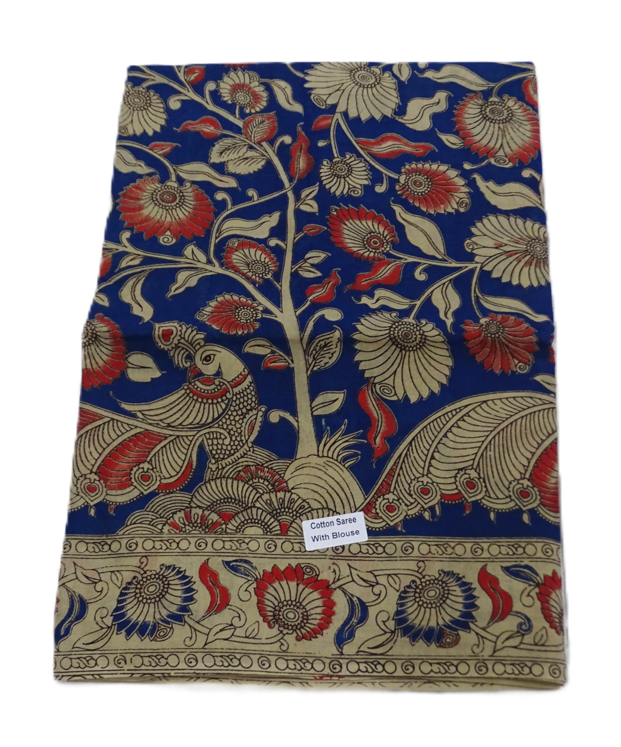 sr handlooms and textiles Kalamkari Cotton Saree with Blouse, Blue Base with Floral and Peacock Print, Traditional Indian Ethnic Wear-picture-22