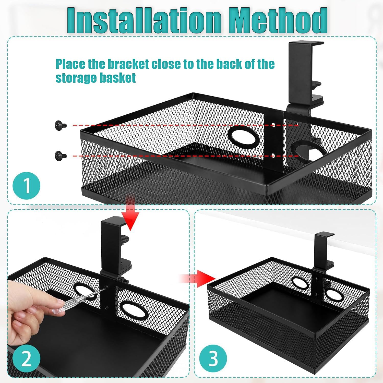 Cobenga Mesh Desk Organiser, 360° Clip-on Swivel Under Desk Drawer Organiser, Rotating Hidden Tidy Organiser - Image 3