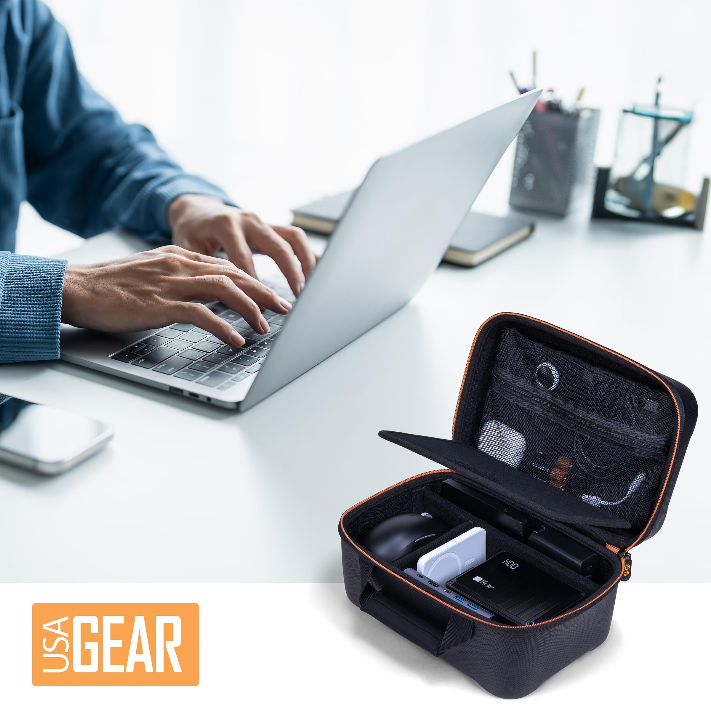 USA Gear Organizador de Viaje para Electronica 25,4 CM, Estuche Tech Semirigido con Divisores para Cables, Movil, Hotspot, Mouse Inalambrico, Disco Duro Externo y Accesorios, Cierre Cremallera