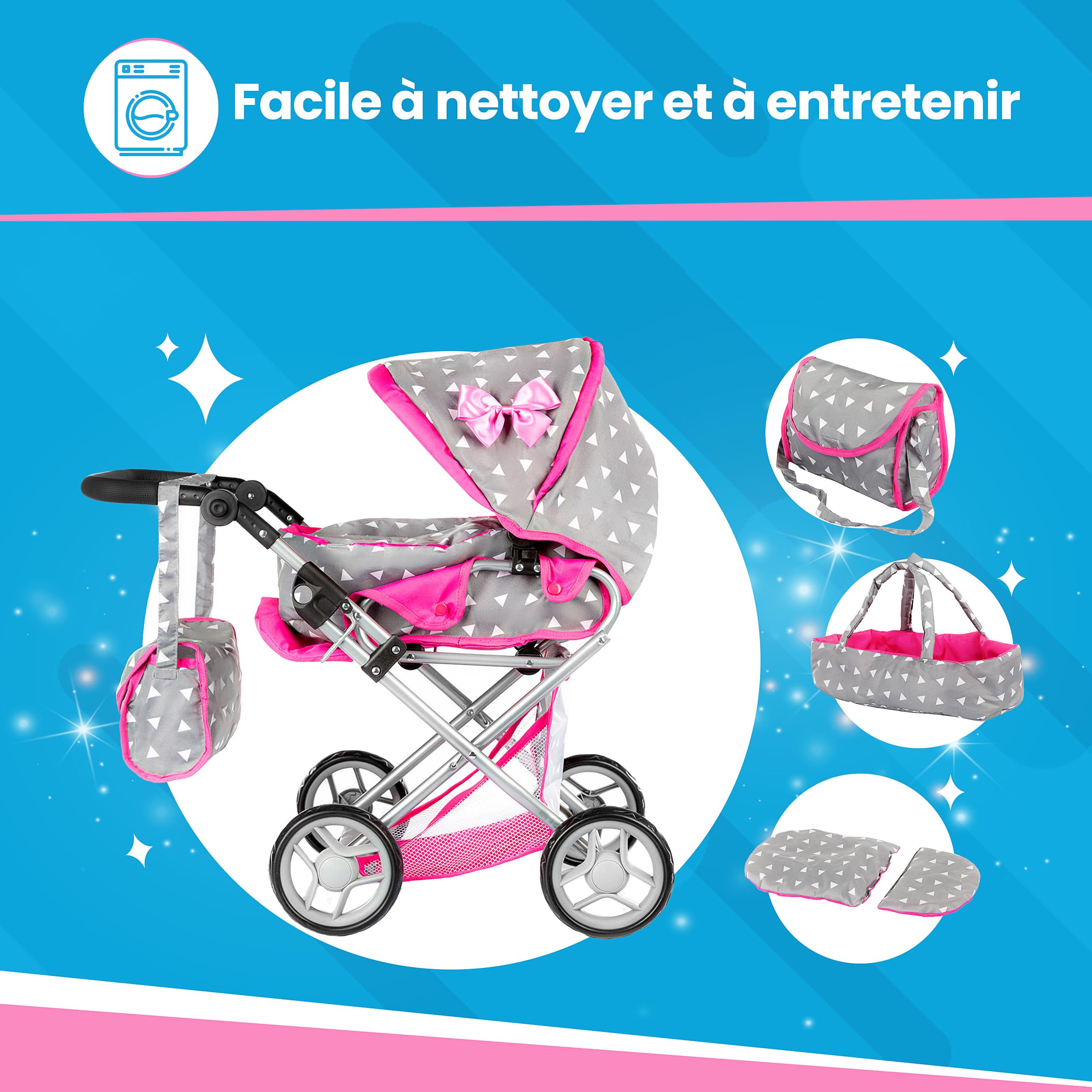 Kinderplay Poussette Poupee, Poussette Jouet - Poignée de la Poussette Entre 36.5 et 64 cm, avec Prise Souple, 3en1, KP0200S