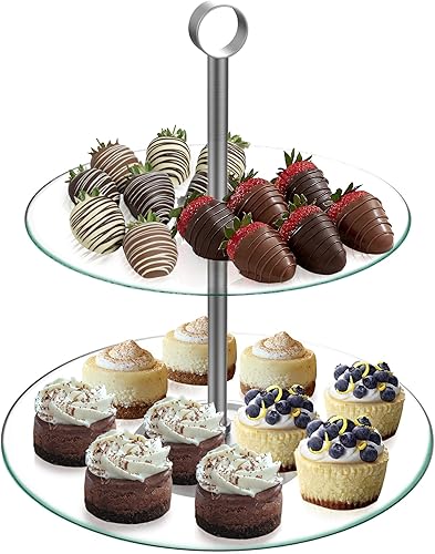 Chef Buddy Torre de postres, soporte de exhibición de vidrio redondo de 2 niveles