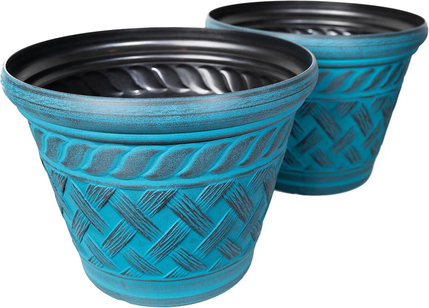 Basket Weave Pattern 2 Pack Decorative Rustic French Country Look Plastic Planter for Indoor/Outdoor Nursery Garden Patio Office Home Décor Use Long Lasting, Reusable Lightweight (Blue)