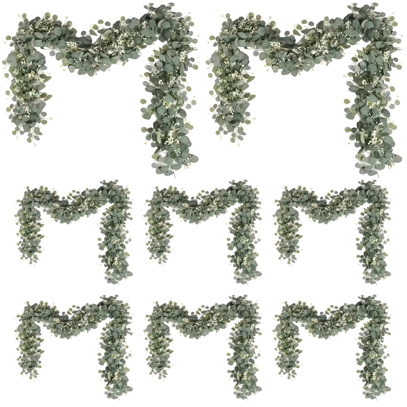 Lot de 8 guirlandes d’Eucalyptus Artificiel, 180 cm, Fausse Verdure avec gypsophile, lianes suspendues en Plastique, décoration pour Maison, Bureau, Mariage, Fond d’Arche, Mur, Salon