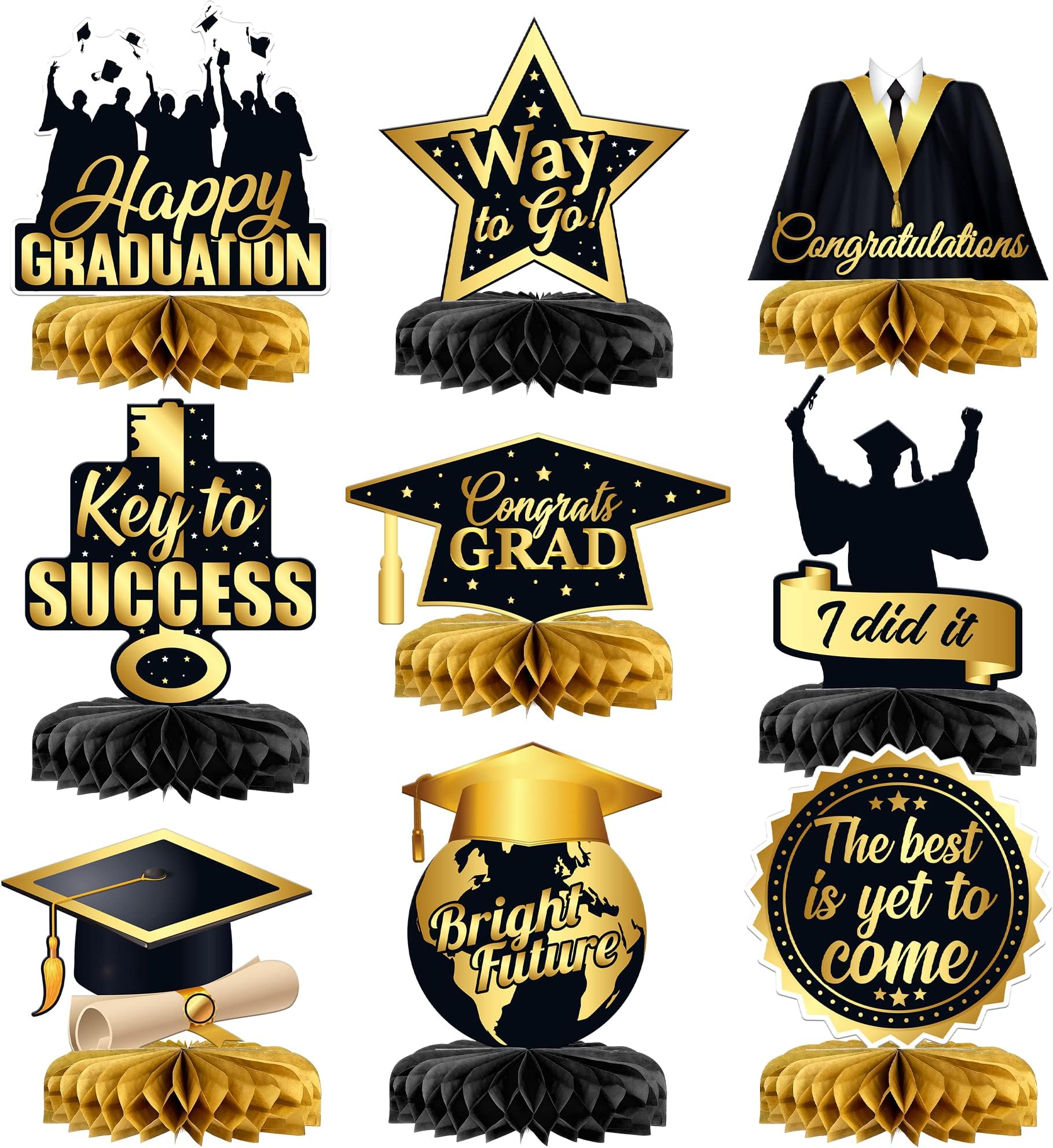 KatchOn, Black Graduation Centerpieces for Tables 2024 - Pack of 9 | Honeycomb Graduation Table Centerpieces | Black and Gold Graduation Party Decorations 2024 | Graduation Table Decorations 2024