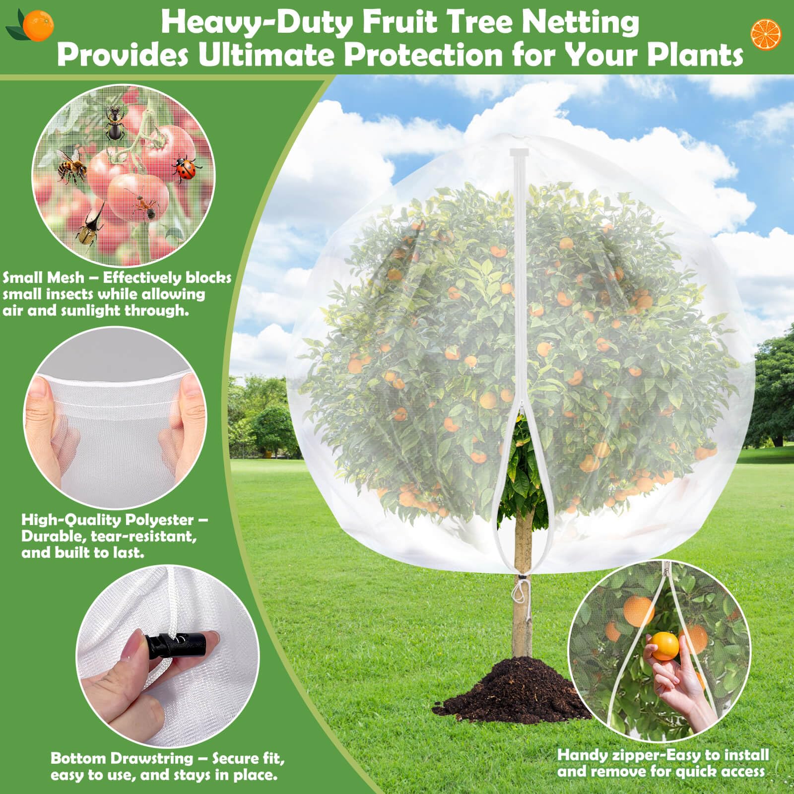 Red de árboles frutales de 10 x 10 pies con cremallera, 3 redes grandes para árboles frutales con cordón, red para plantas, jardín, insectos, pájaros, barrera de plagas para melocotón, cereza
