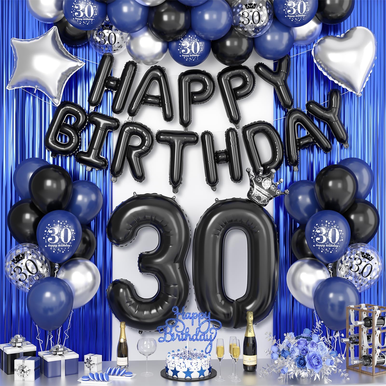 Navy Blue and Black 30th Birthday Decorations for Him,Black Silver Balloons 30 Years Happy Birthdays Balloon Banner Confetti Star Heart Balloons Blue Fringe Curtain for Men Birthday Party Decorations