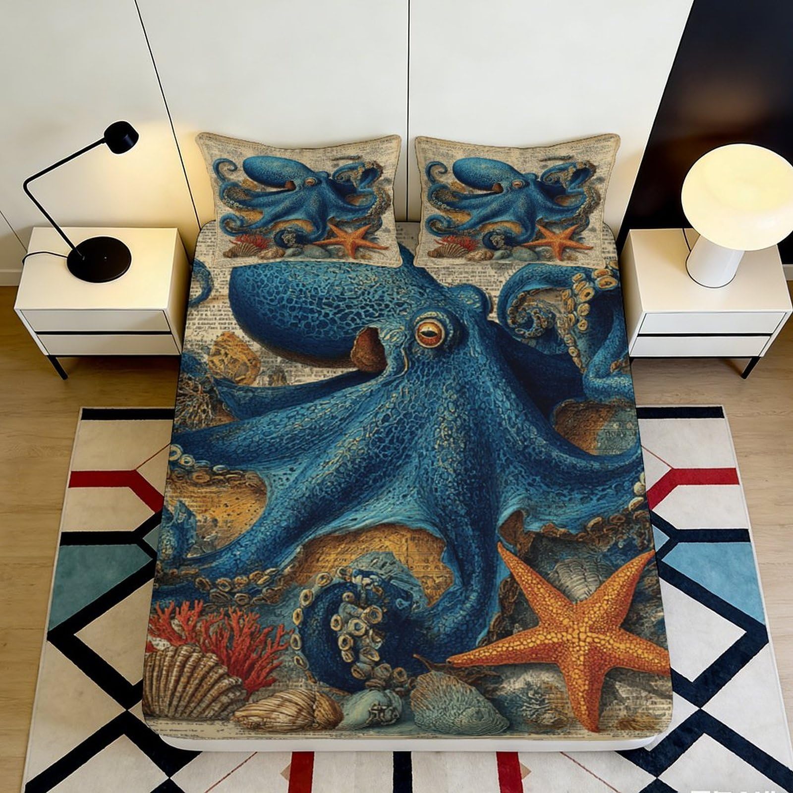 3D Printed Blue Octopus Fitted Sheet Microfiber Ocean Starfish Mattress Cover Anti-Slip Machine Washable Bedroom Decor 90x200x25cm