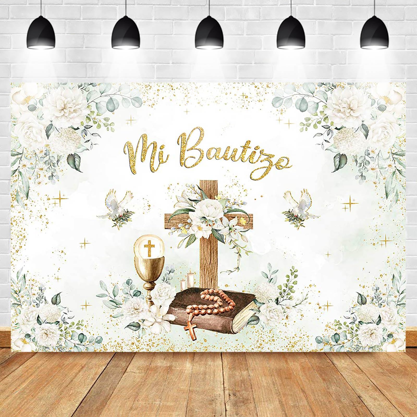 Avezano Mi Bautizo tło "God Bless" białe kwiatowe tło do chrztu, pierwsza komunia, chrzest, baby shower, przyjęcie, fotografia, tło, dekoracje, fotobudka, rekwizyty, 3 x 2 m