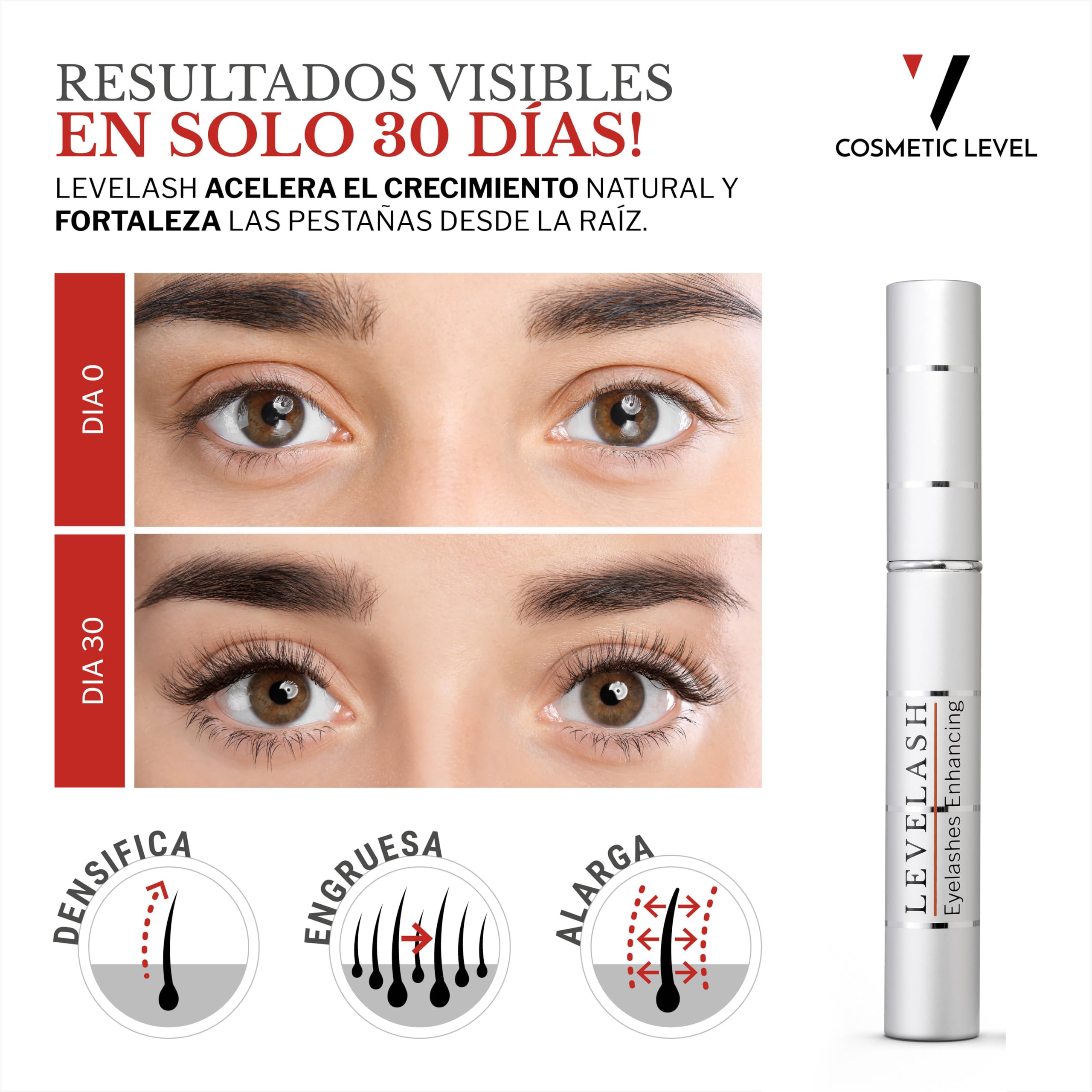 COSMETIC LEVELASH Potenciador de Pestañas | Serum para pestañas largas y voluminosas en 2-4 semanas | Serum potenciador de pestañas | Alargamiento de pestañas | Certificado dermatológico-oftalmológico