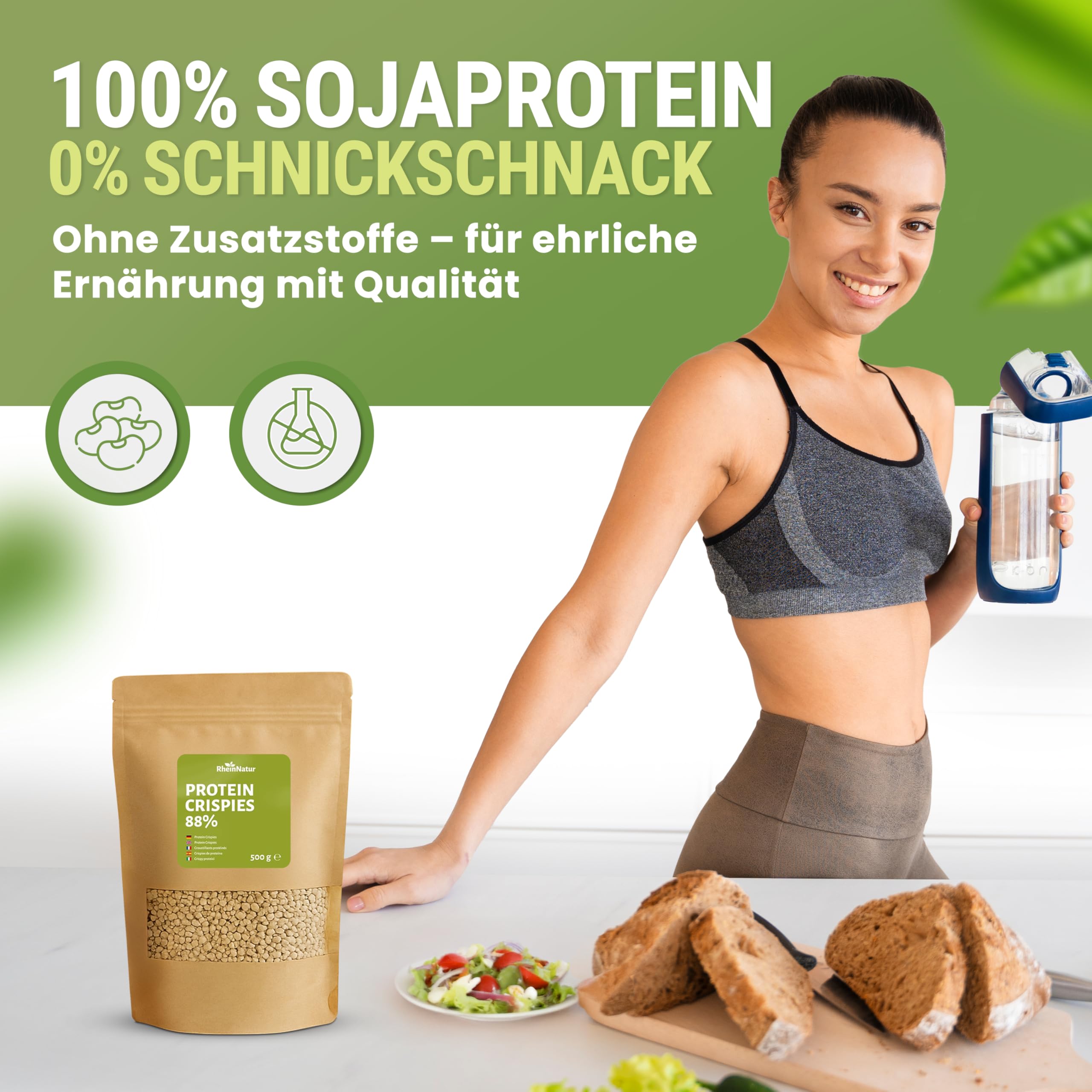 RheinNatur Crispies Proteína de soja, 88%, 500 g, fuente de proteína vegana sin azúcar añadida, cobertura crujiente para muesli, yogur y ensalada o como crujiente para platos y barras salados