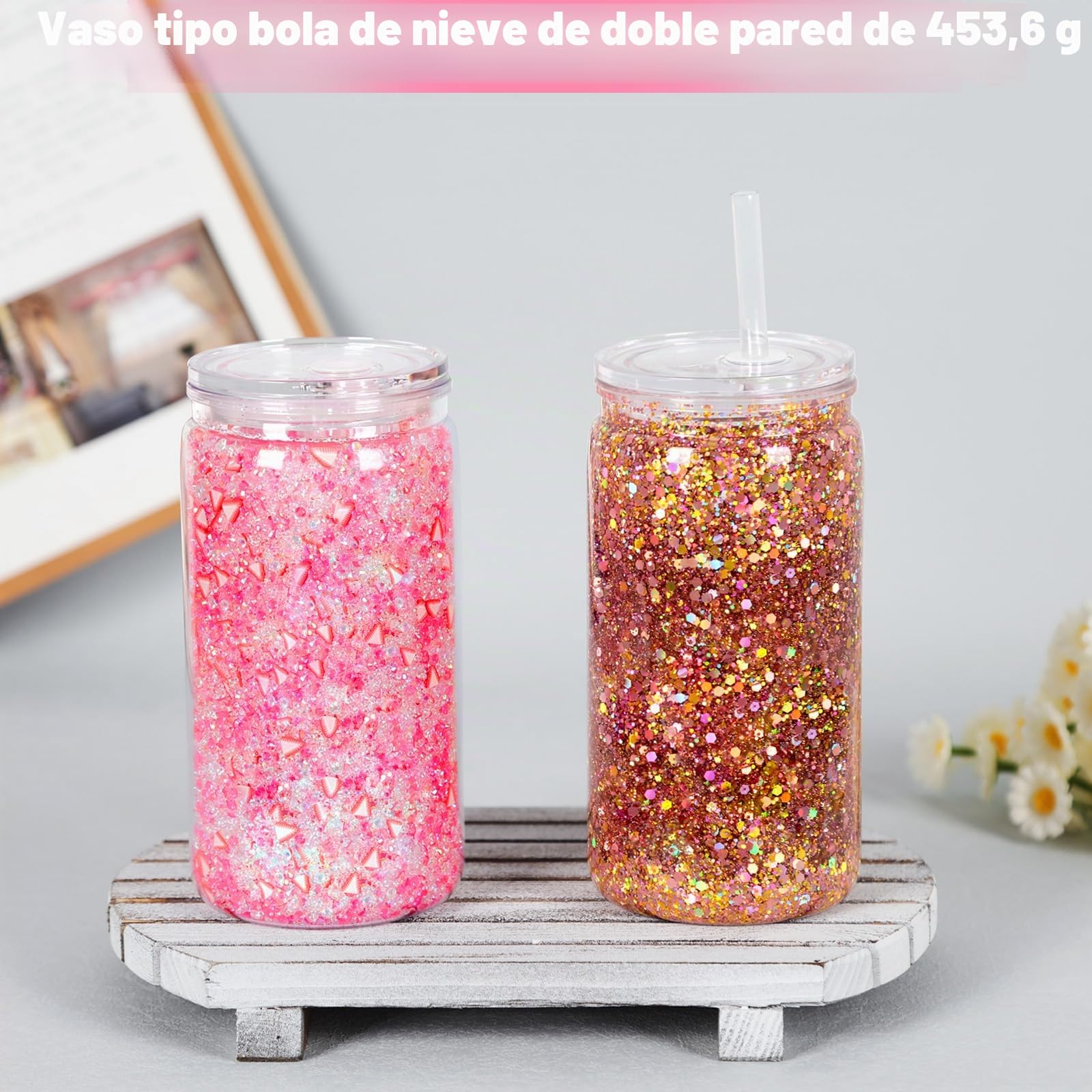 Paquete de 12 Vasos Globo de Nieve con Agujero Pretaladrado, 473 ml Lata de Plástico de Doble Pared con Tapa y Pajita, Taza de Frasco Mason de Plástico para Globo de Nieve con Purpurina DIY
