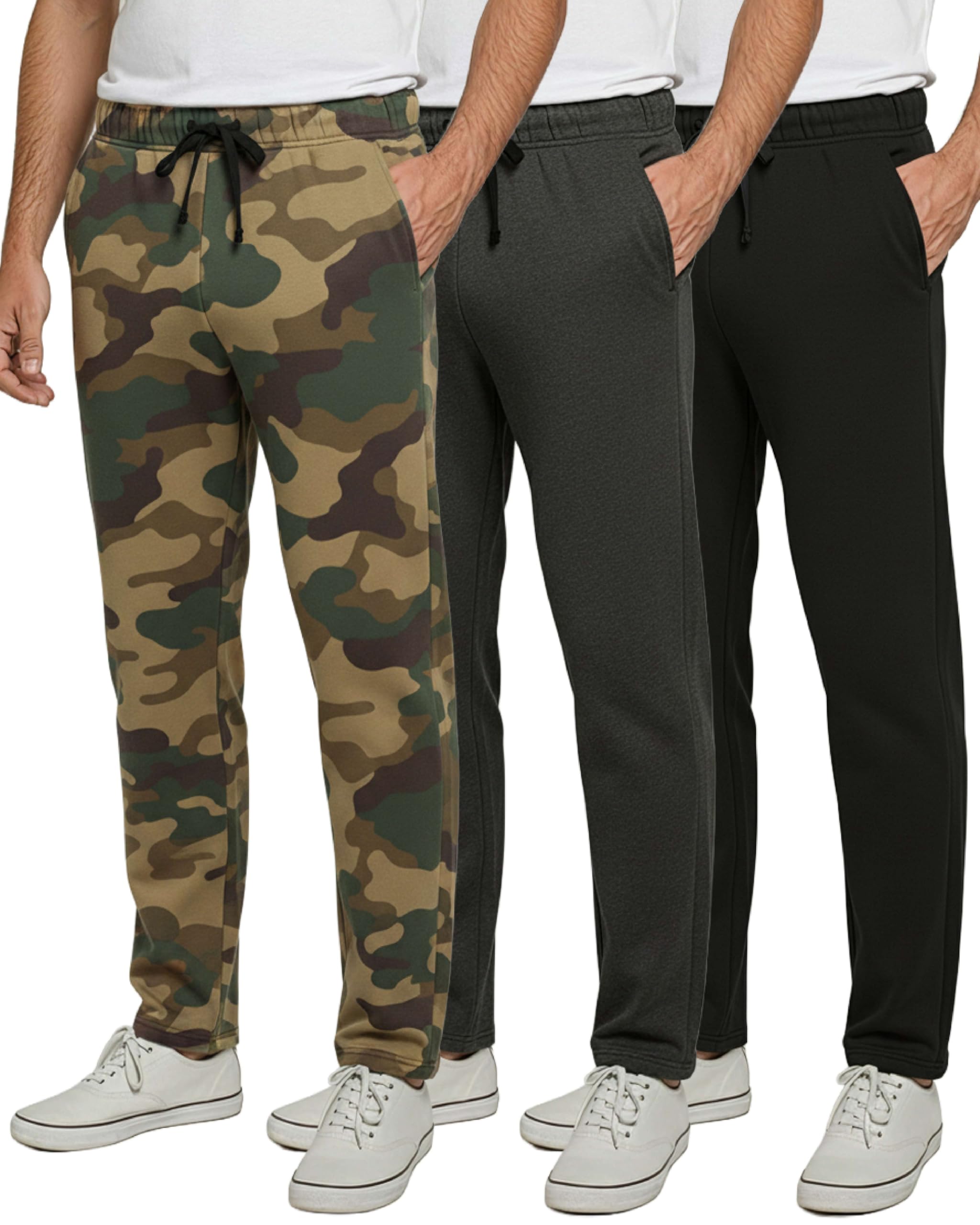 Real Essentials 3 Pack: Men's Tech Fleece Athletic Casual Open Bottom Sweatpants with Pockets (Available in Big & Tall)