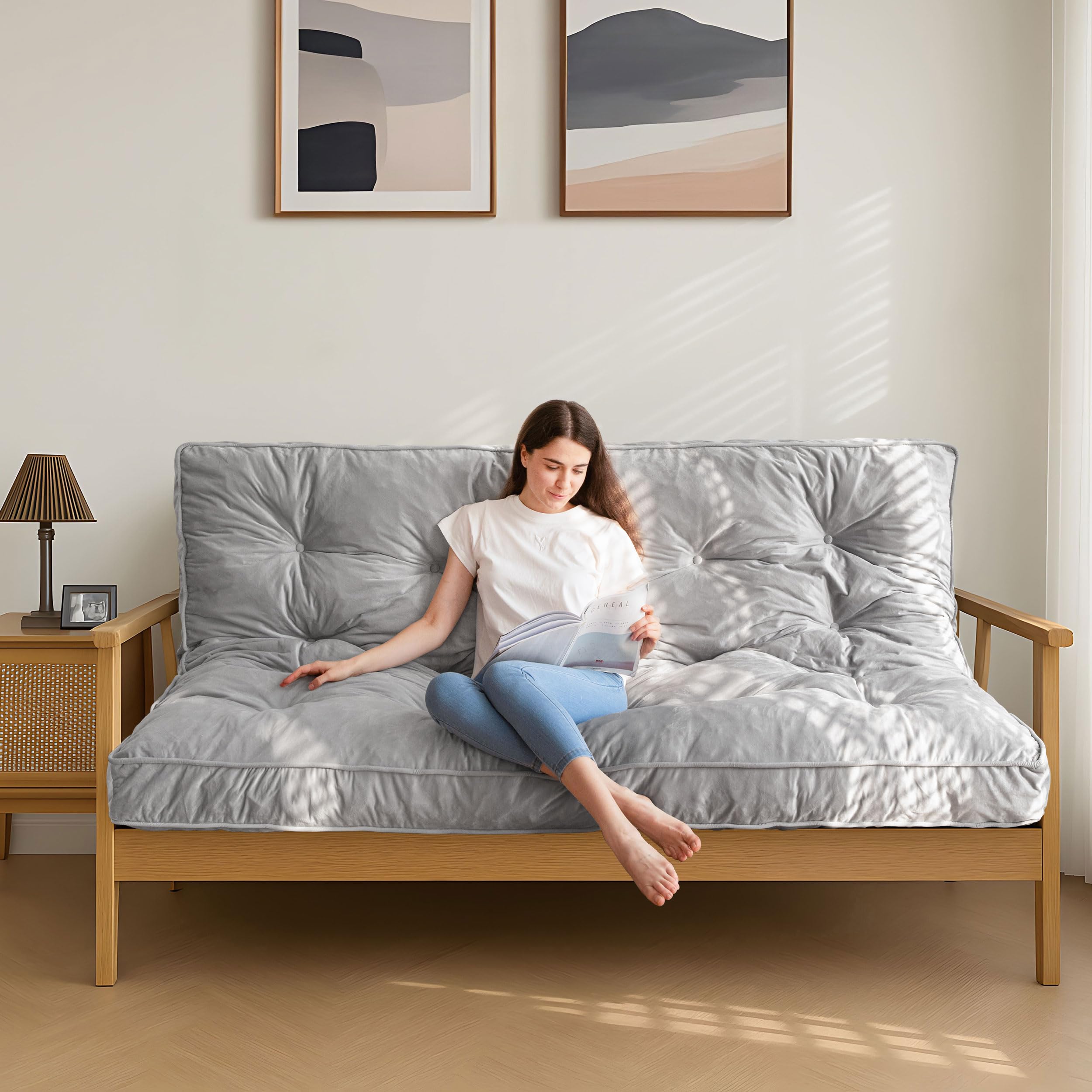 MAXYOYO 6" Futon Mattress Full Size, Velvet Thick Futons Sofa Couch Bed, Versatile Floor Mattress for Adults, Shredded Foam Filling (Frame Not Included), GreyGlobal Recycled StandardGlobal Recycled StandardGlobal Recycled Standard