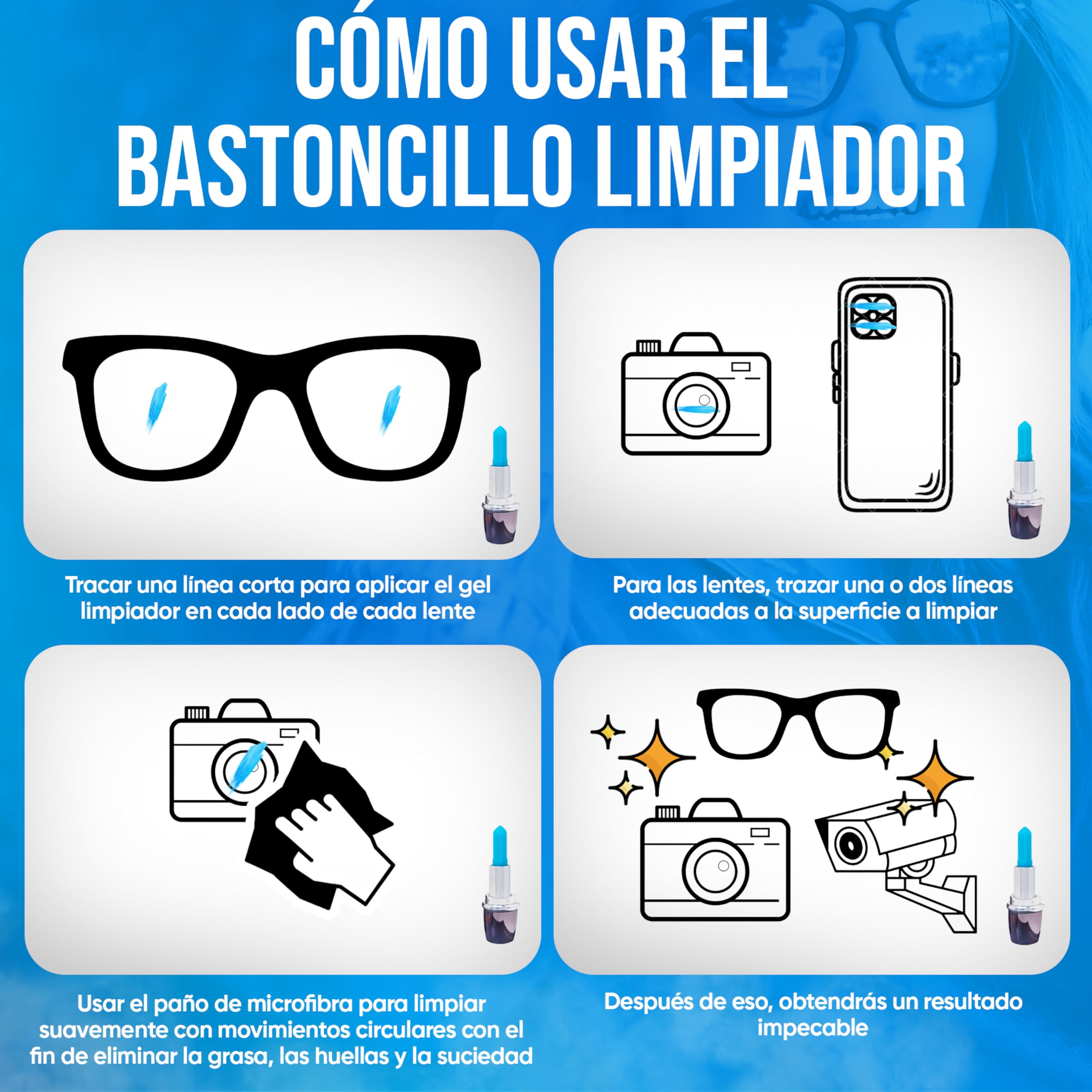 Kit Stick Limpiador de Gafas con Gamuza de Microfibra - Limpia Gafas, Lentes, Cámaras - Desengrasante, Práctico, Antivaho - Seguro para Todas Las Pantallas Gafas